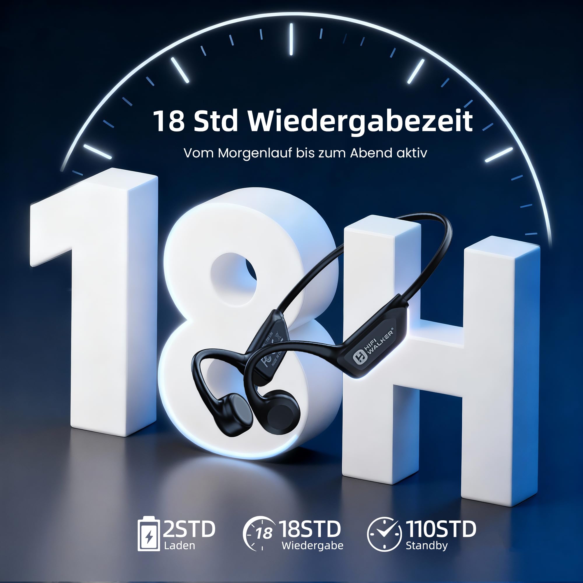 HIFI WALKER Knochenschall Kopfhörer, Open Ear Kopfhörer Bluetooth 6.0, Bone Conduction Headphones 18 Stunden Akkulaufzeit, IPX7 Wasserdicht Sportkopfhörer für Fitness/Radfahren/Fahren/Laufen