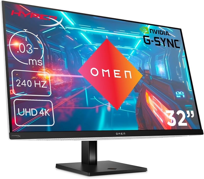 HP Omen Transcend Gaming Monitor with 240 Hz, 31.5 Inch 4K UHD OLED, 0.03 ms Response Time, HyperX Audio, aRGB Lighting, Adjustable Base, Omen Tempest Cooling, OSD Button, USB-C, White