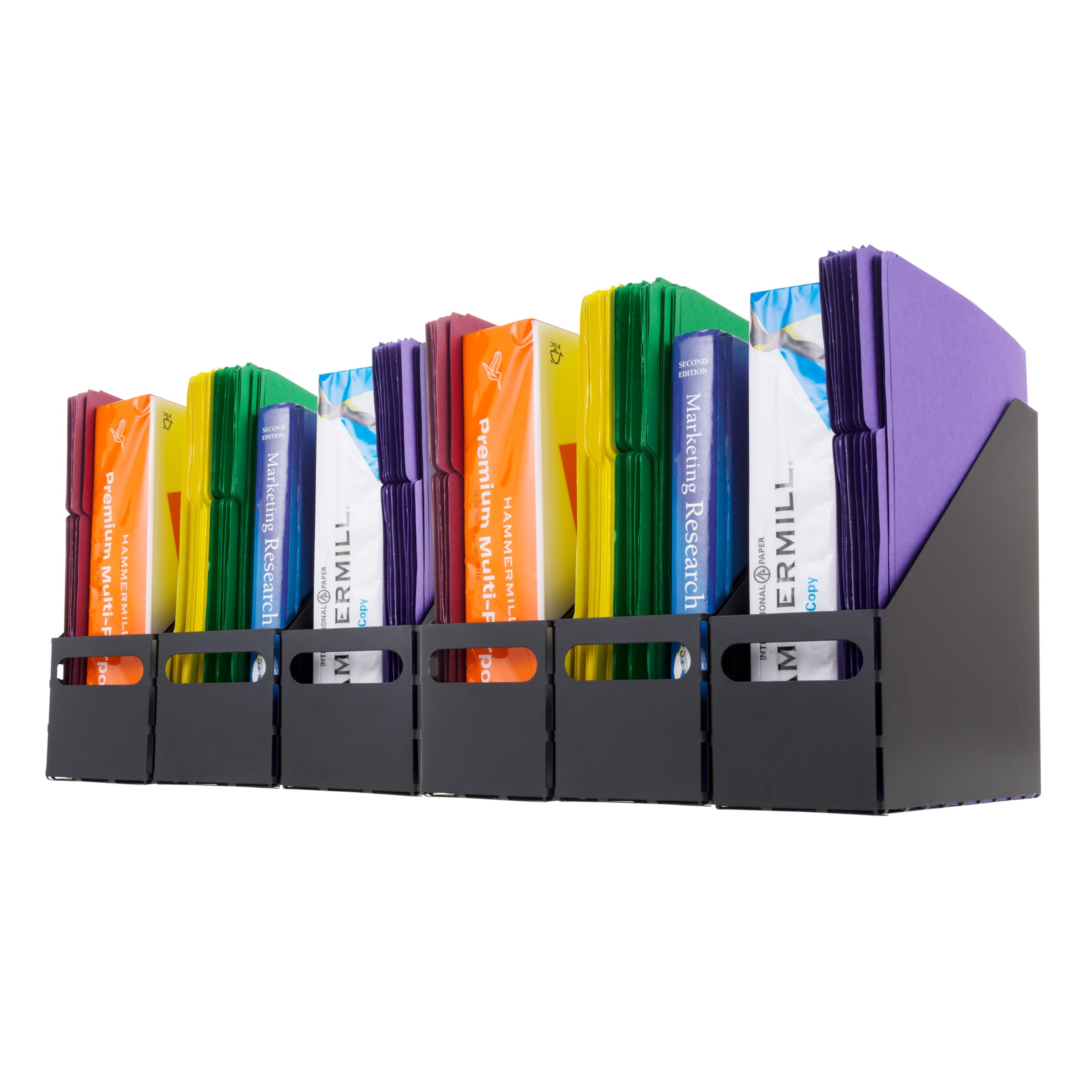 IRIS USA Metal Magazine File Holders, 6 Pack, for Letter/Legal File, Durable Vertical Desktop File Paper Organizer, File Storage Box Stand Rack for Document Notebook Binder Home Work Office, Black