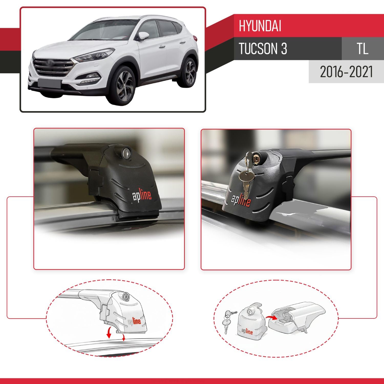 Compatibile con Hyundai Tucson 3 (TL) 2016-2021 Ace-2 Barre Tetto Portapacchi Auto Barre Portatutto Nero Alluminio 2 Barre