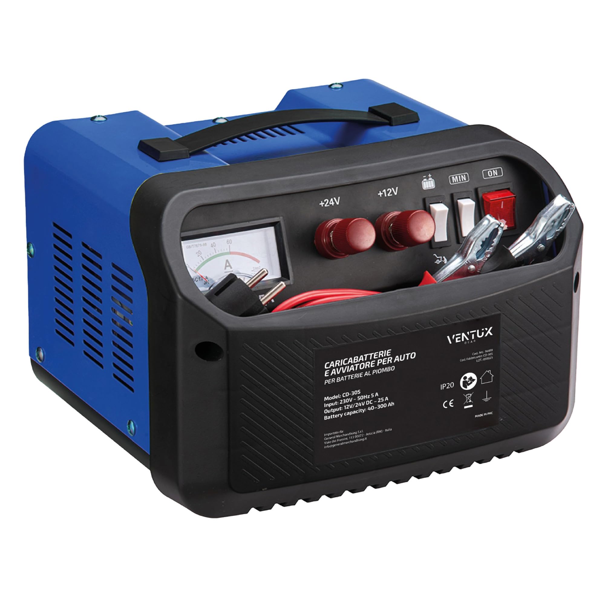 Cargador de Batería de Coche 12V/24V CD-30S – Función Arranque 160A/260A | Cargador Bateria Moto y Vehículos con Amperímetro | Cargador Bateria 12V Plomo con Protecciones de Seguridad