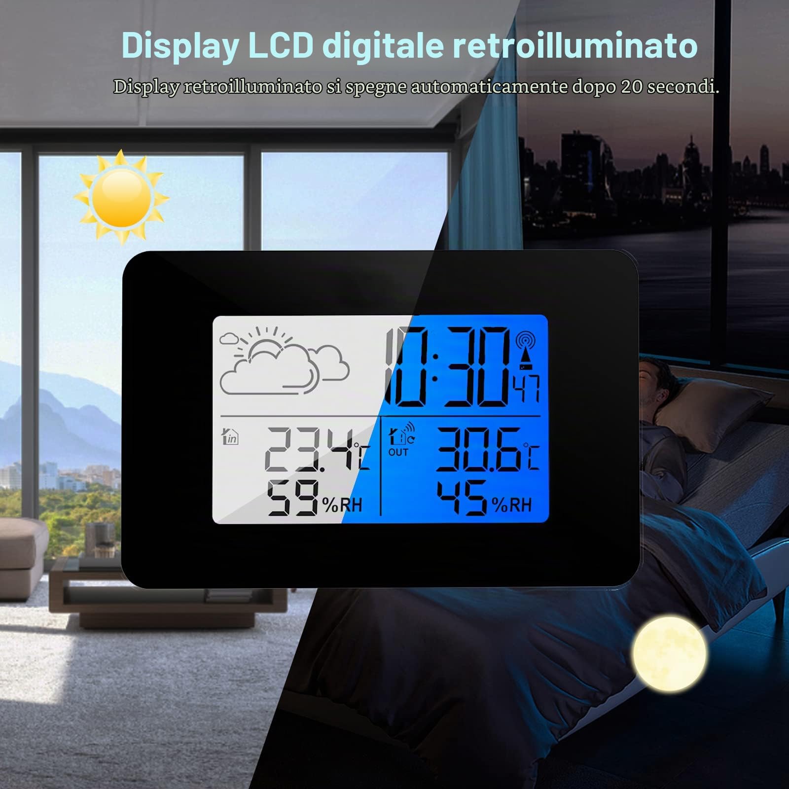 eMylo Stazione Meteo Radio con sensore Esterno, Termometro Digitale LCD Ambiente Interno Esterno - Igrometro Umidità con Retroilluminazione e Previsioni Meteo per Casa Camera da letto Giardino