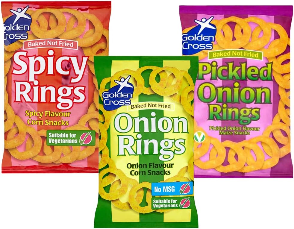 Spicy Rings,Onion Rings,Pickled Onion Rings Crispy Chips Bags - 3 x Random Mixed Chips Bags 150g