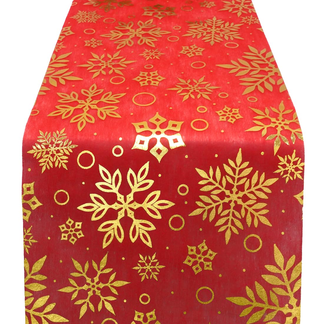 Camino de Mesa Navidad, Table Runner Christmas Rojo, 28CM*500CM Rollo Camino de Mesa con Patrón de Copos de Nieve Dorados, Decoración Navideños Camino de Mesa, para Navidad, Cena