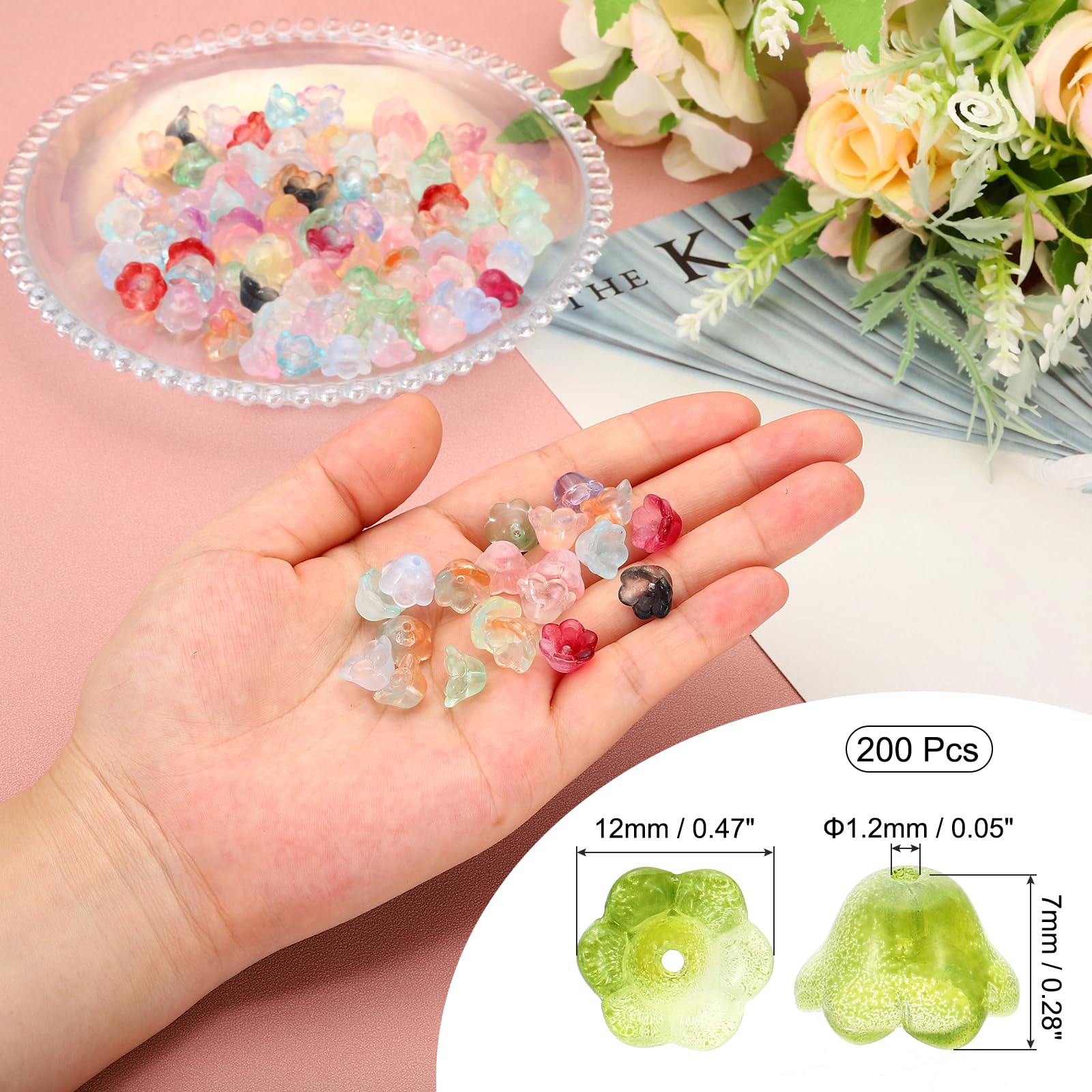 PATIKIL Glass Trumpet Flower Beads, 200 Pcs Gradient Flower Bead Charm for DIY Craft Decorations Olive Green - Image 2
