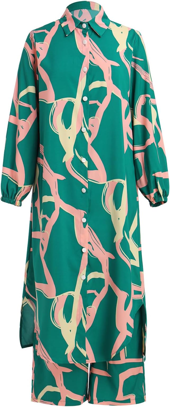 IDOPIPAbaya Dress for Women Muslim Set Long Sleeve Ramadan Islamic Dress Shirt with Pants 2PCS Dubai Prayer Casual Clothes