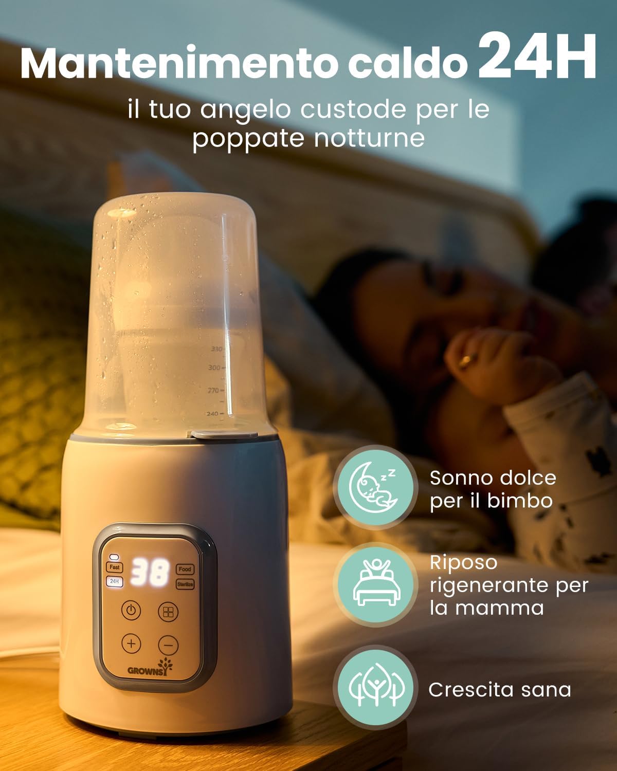 Image showing the bottle warmer on a bedside table, indicating 24-hour keep warm function for night feedings