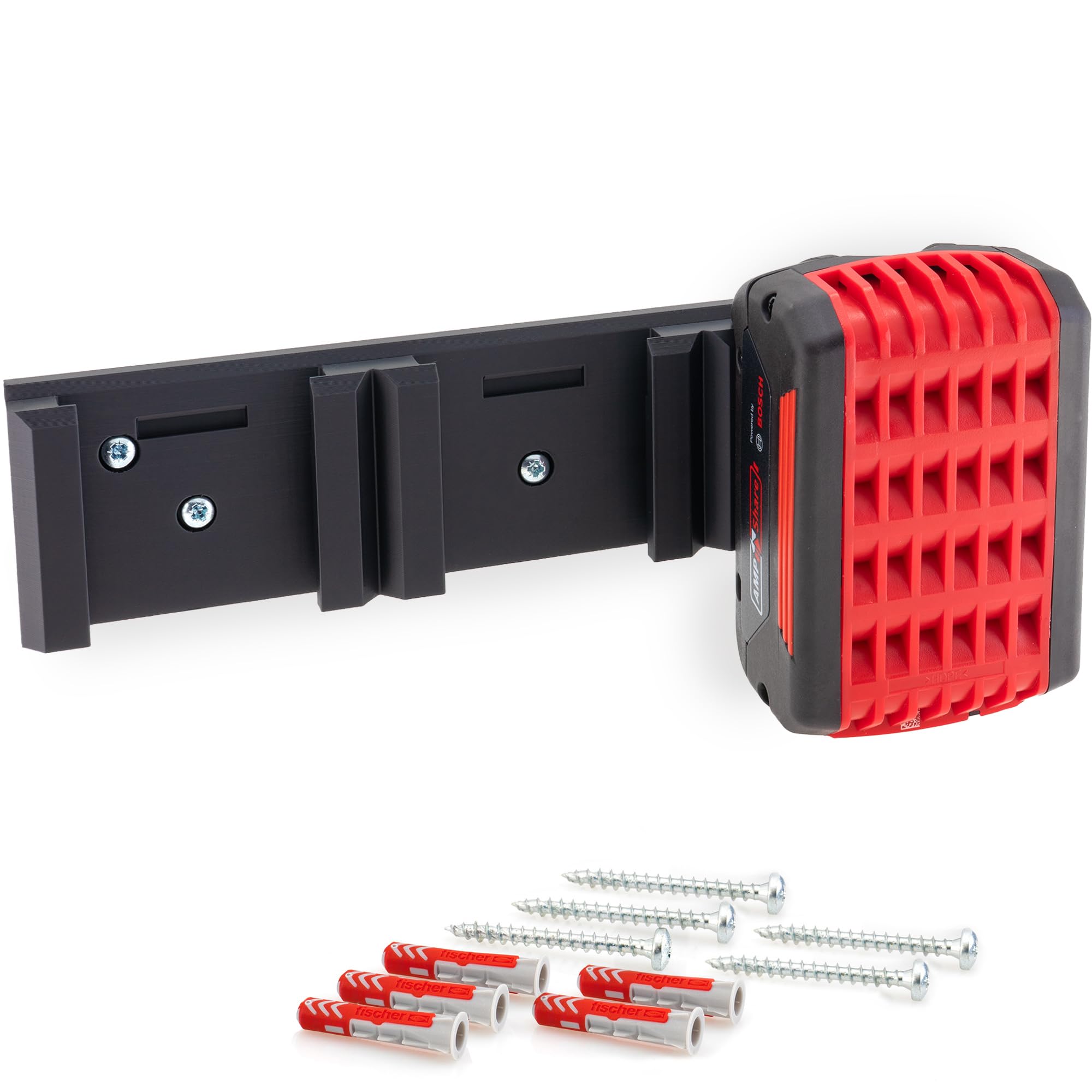Supporto da parete per batterie Bosch Professional da 18 V e PowerCore, robusto supporto salvaspazio, per 3 batterie, 5 viti e 5 tasselli, facile da montare con funzione di bloccaggio [Made in Germay]
