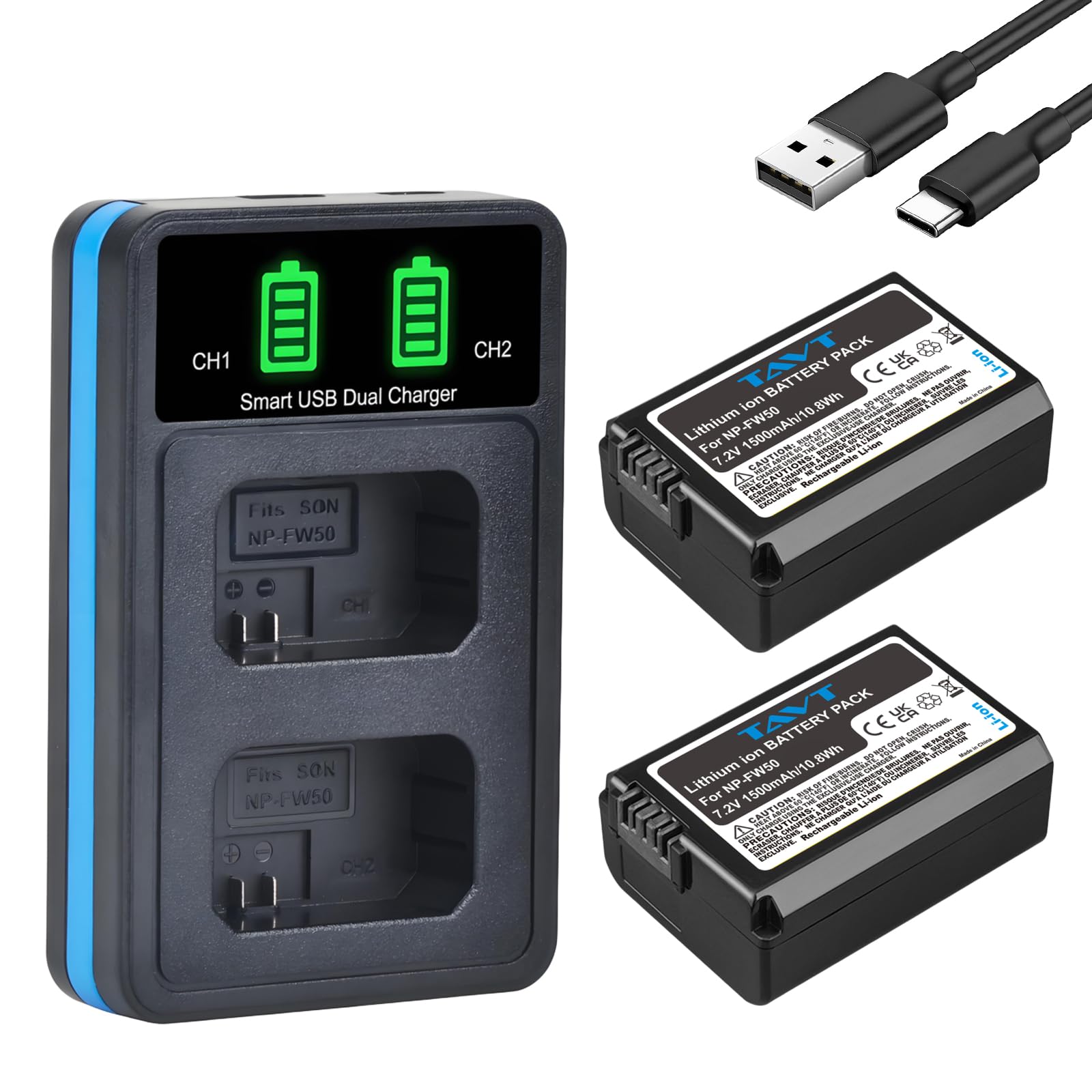 Lot de 2 batteries NP-FW50 et chargeur pour Sony ZV-E10, A6000, A6300, A6500, A6400, A7RII, A7, A7R, A7II, A7SII, A7S, A5000, A5100, NEX-3N, NEX-5, NEX-6, NEX-7, A33, A35, A37, A55, DSC-RX10/II/III/IV