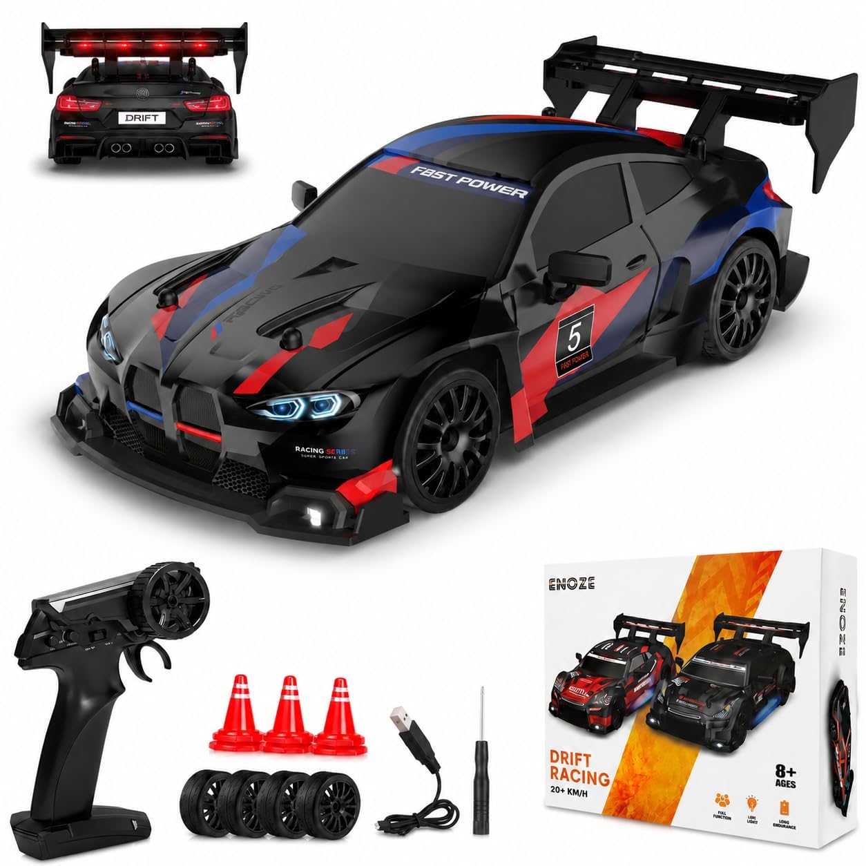 DWH BMV High Speed RC Drift Car 1:24 Scale | 2.4GHz Remote Control | USB Rechargeable | LED Lights | Extra Drift Tires | Racing Toy Car for Kids & Adults (Black)