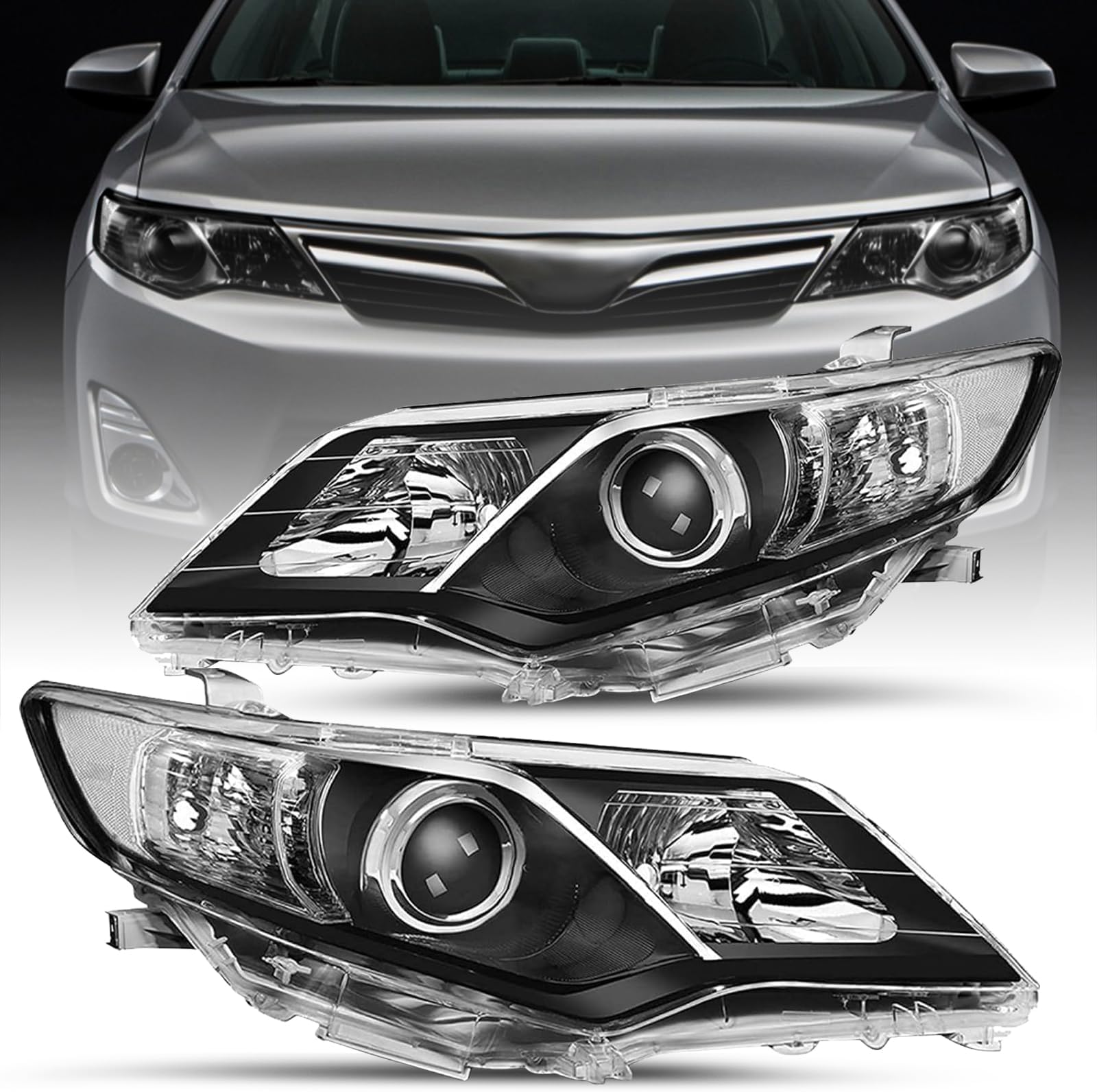 TUSDAR Compatible with 2012-2014 Toyota Camry Headlight L/Le/Xle/Hybrid/SE Assembly Driver Passenger Side(Black Housing with Clear Reflector)