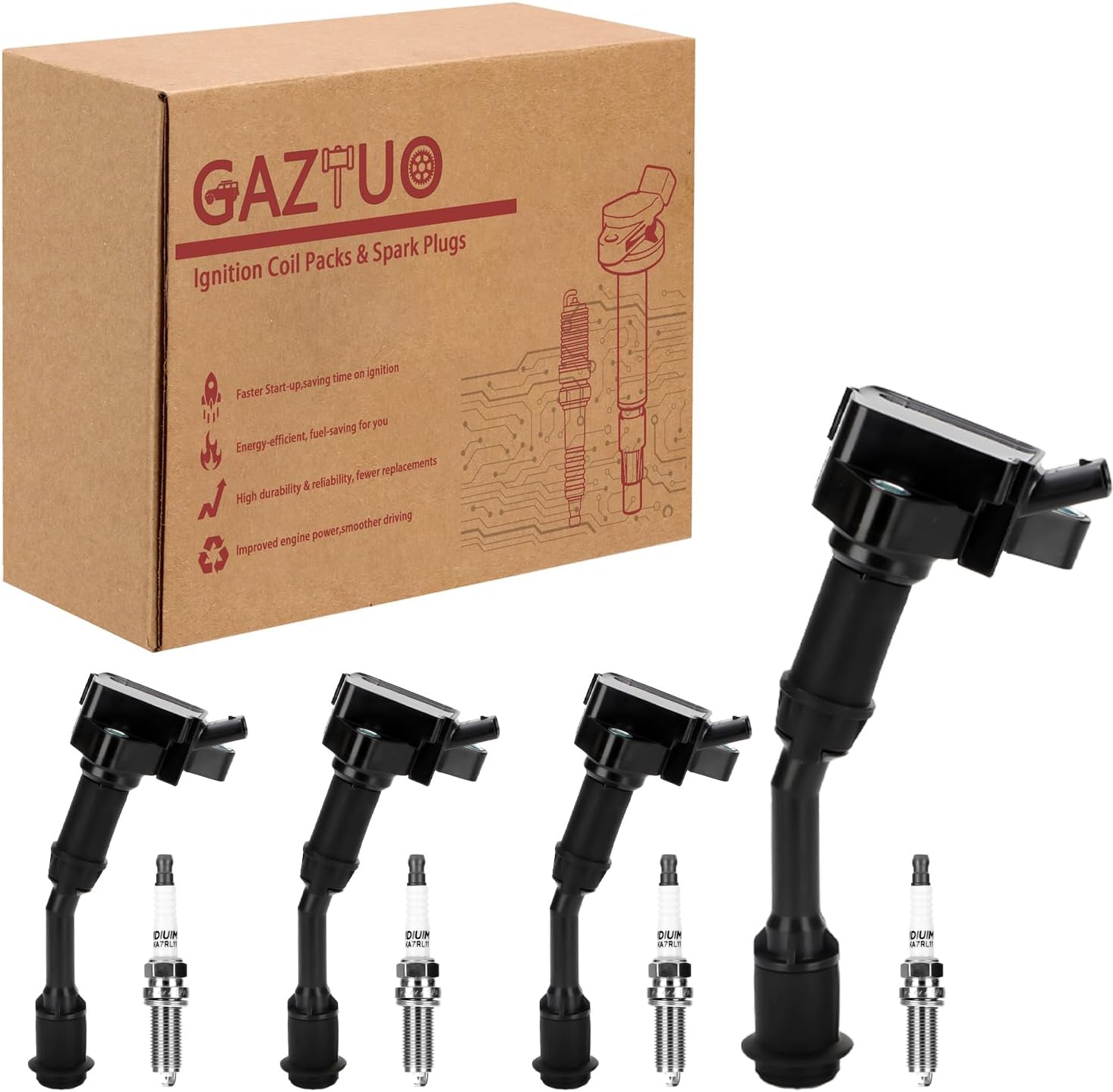 Ignition Coil Pack UF735 and Spark Plugs (Set of 4) Compatible with Ford 2014 2015 2016 2017 2018 2019 Fusion and Escape 1.5L L4 For # DS7Z-12029-B DG-552 DG-554