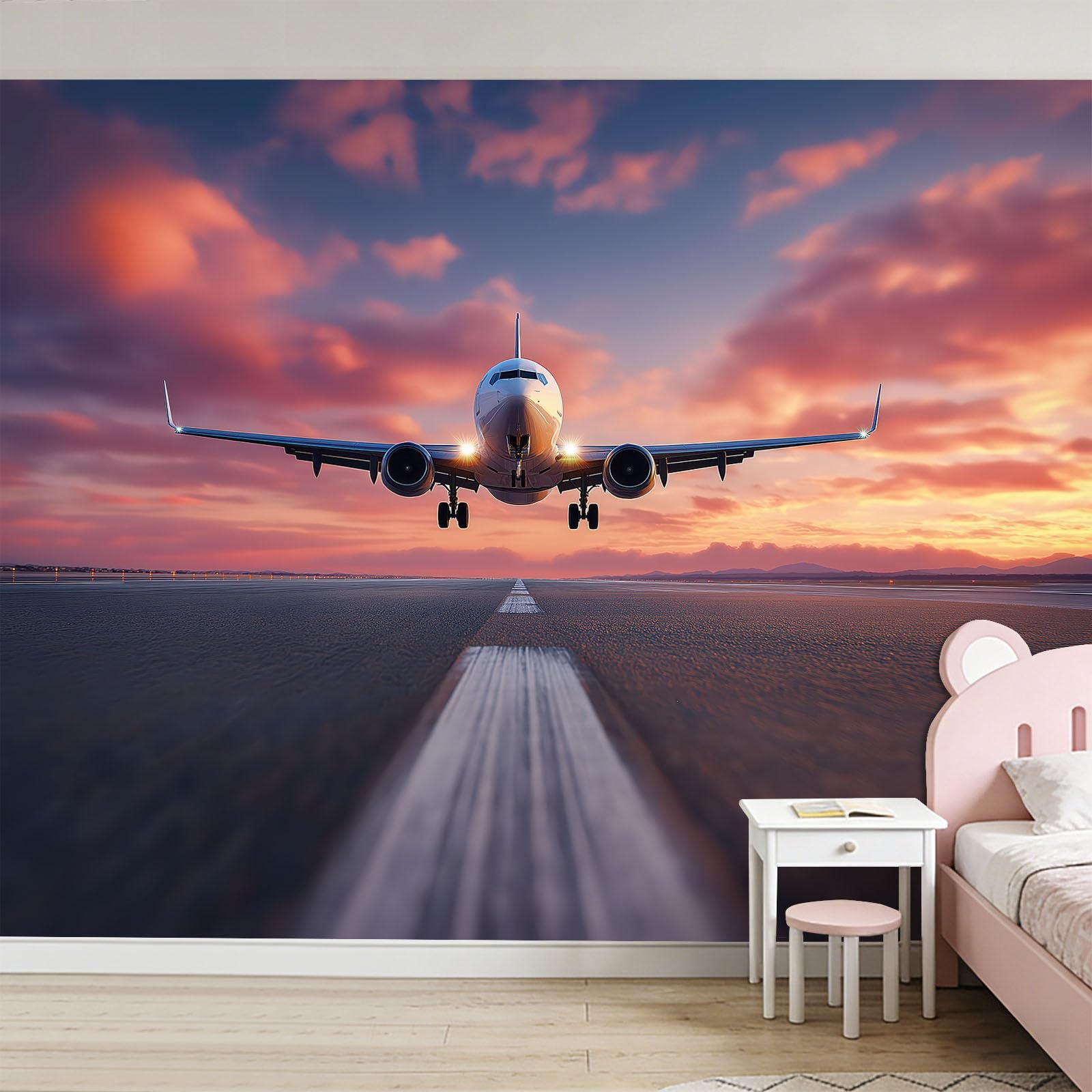 Fototapeta, zachód słońca, samolot, 350 x 256 cm, flizelina, do pokoju chłopca, biura podróży, biura, realistyczna tapeta, mural ścienny, dekoracja
