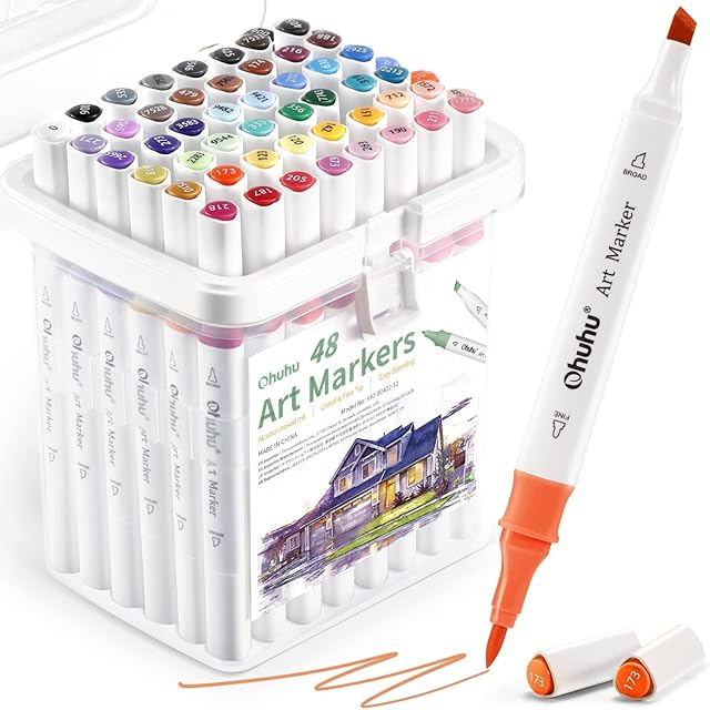 Ohuhu Markers, 48-color Marker Set for Architectural Design, Double Tipped Alcohol Markers, Chisel & Brush Alcohol-based Art Marker for Artists, Architects, Great Value Pack for Students' Art Class