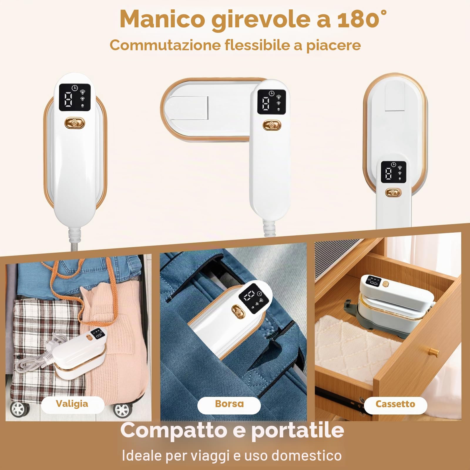 Ferro da Stiro a Vapore 1200W 2-in-1 Portatile, Serbatoio 150 ml, 3 Livelli di Vapore, Riscaldamento Rapido 10 Secondi