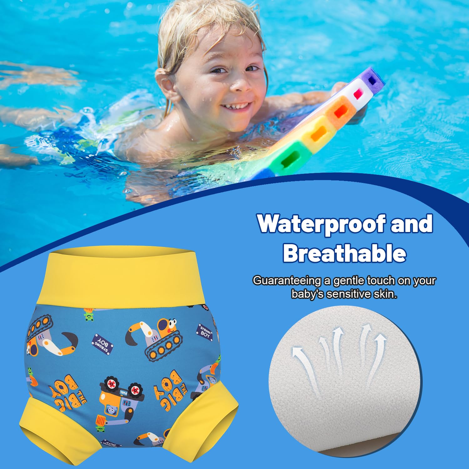 MOEMOE BABY Couches de Bain Réutilisables,Couche de Natation pour Bébés,Imperméable Couche Piscine pour Garçon et Fille,3 Paquets,Requin+Crocodile+Excavateur,3-4 Ans