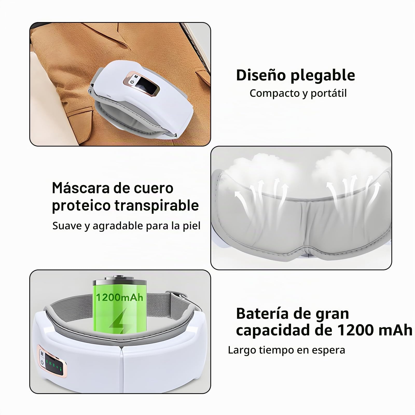 Masajeador de ojos 4 en 1 con calor y Bluetooth, antifaz eléctrico - 5 modos, 3 niveles de temperatura y masaje de presión de aire - Batería de 1200 mAh para viajes y oficina - Contra la fatiga ocular