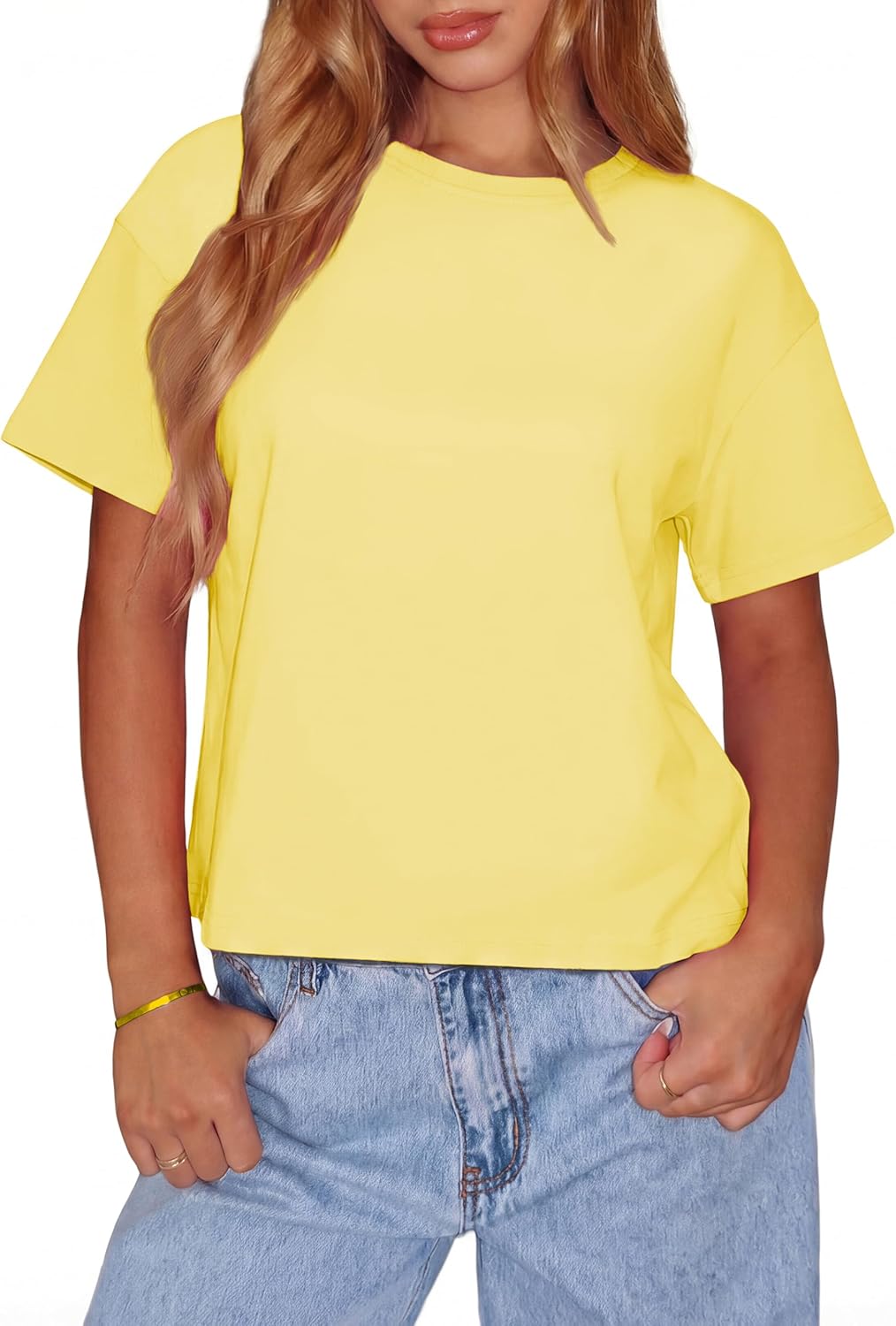 Cotton Crop Tops for Women Short Sleeve Boxy Loose Fit Cropped T Shirts Crew Neck Drop Shoulder Casual Basic Tees 2026