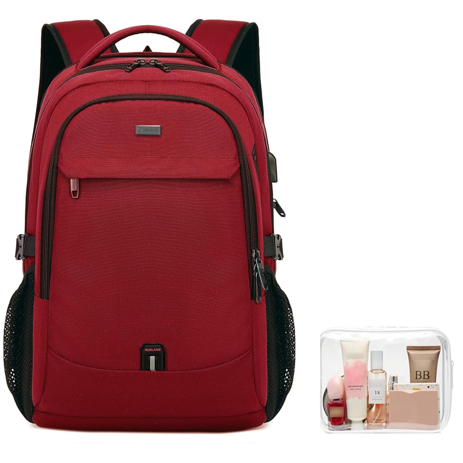 DUSLANG 17 Inch Laptop Backpack for Travel Water Resistant College Backpack for Women Laptop Bag with USB Charging Port and Clear Toiletry Bag, Red A