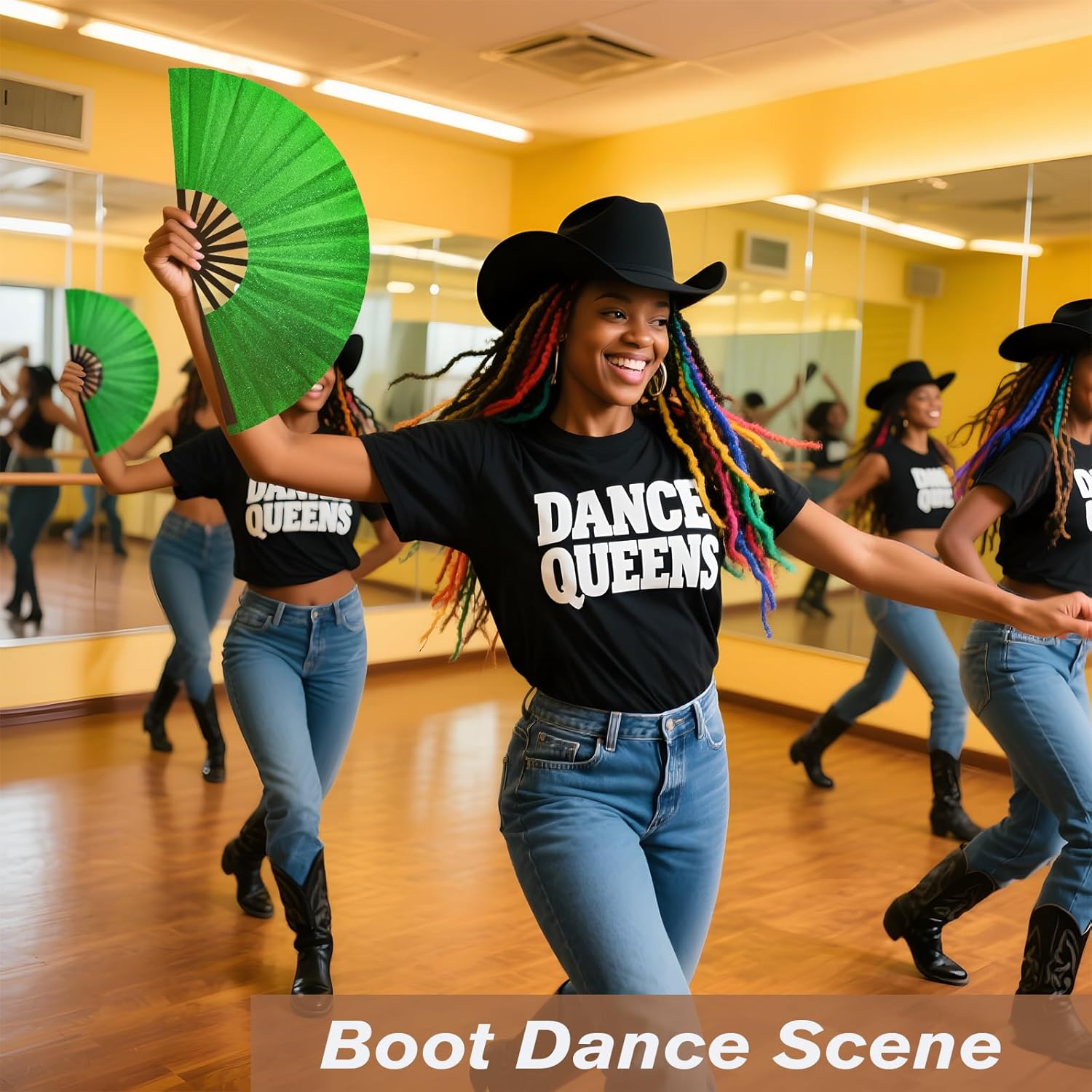 10 PCS Boots on The Ground Fan, Clap Fans for Line Dancing, 13" Glitter Large Rave Fans,Folding Clack Handheld Foldable Hand Fan for Dance, EDM Music Festivals & Parties(Green)