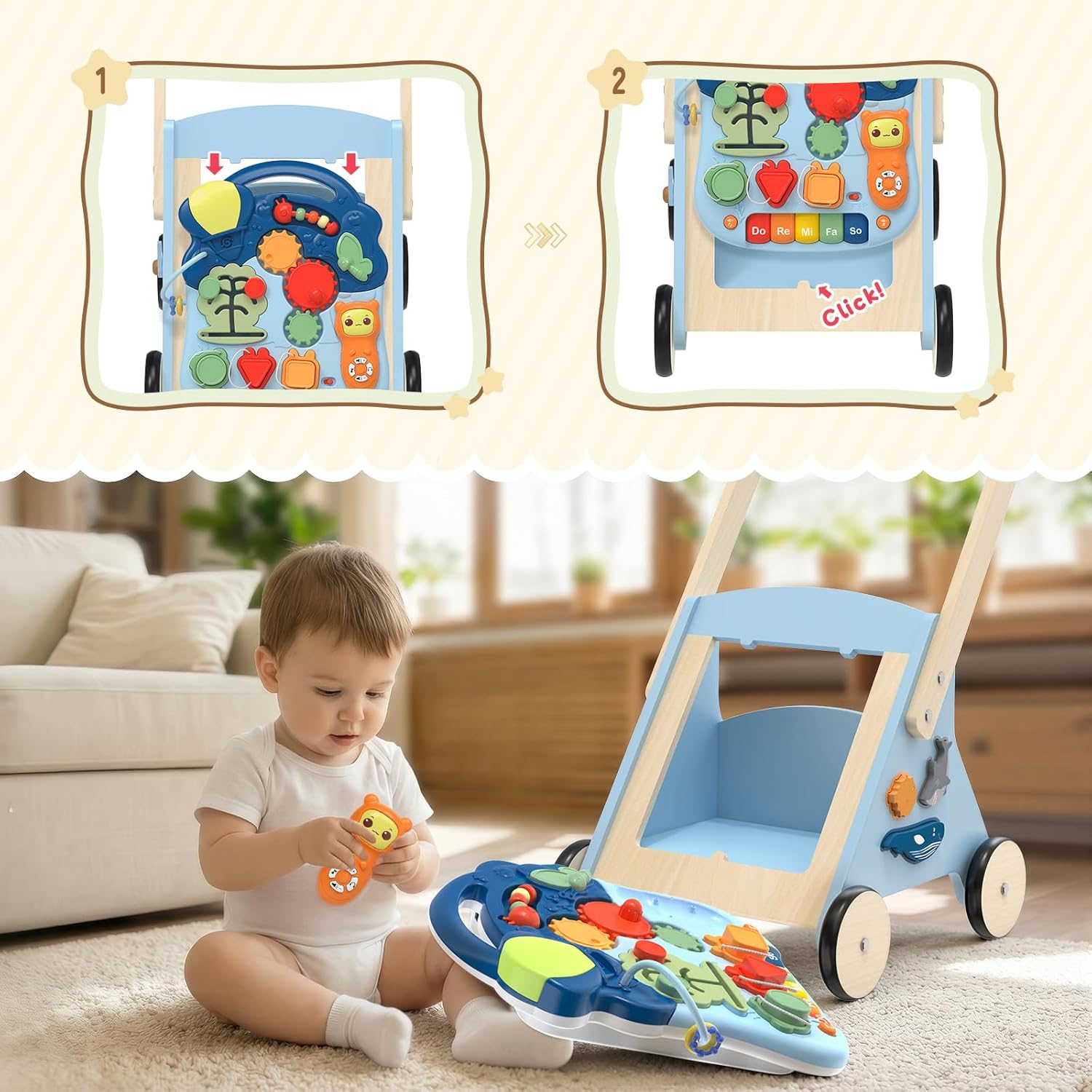 Wooden Baby Push Walker, 10-in-1 Baby Walker Toys with Wheels for Toddlers 18 Months, Detachable Montessori Activity Board Toy & Storage for 1 Year Old Boys Girls Learning to Walk