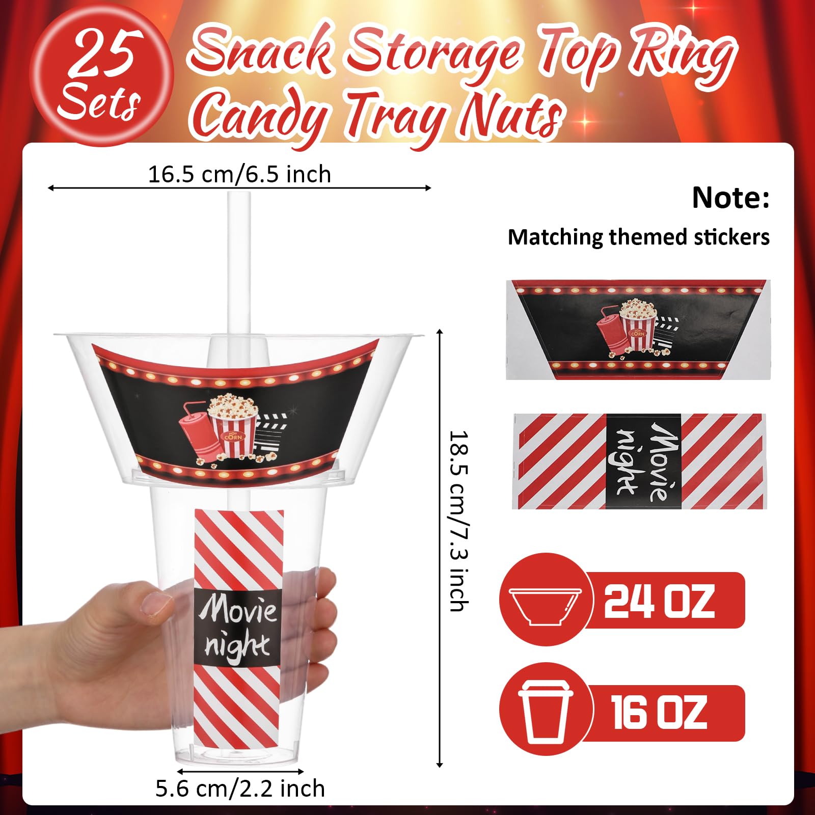 SiliFine 25 juegos de tazas de bebidas y aperitivos con pajitas, vasos desechables de plástico para estadio con soporte para aperitivos, tazas para aperitivos para papas fritas, pollo frito y frutas