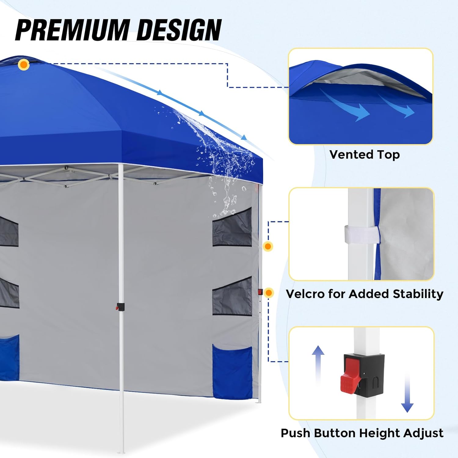 EAGLE PEAK Commercial Canopy 10x10 with Sidewall Storage, Easy OnePerson Setup Pop Up Canopy Tent with Roller Bag, Stakes, Ropes, and Weight Bags, Blue