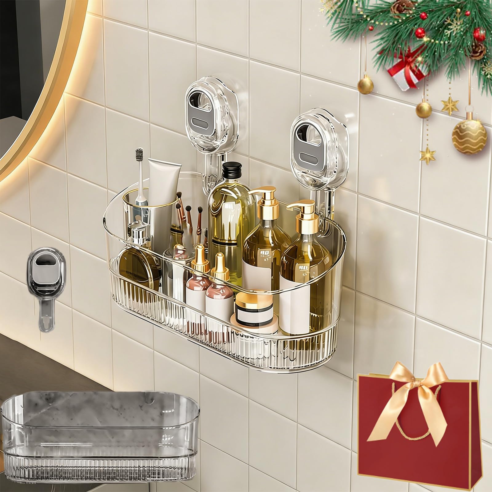 EAOEIHD No-Drill Bathroom Suction Storage Box Suction Storage Rack No Drill Bathroom Organizer Hanging Shower Caddy Suctions Cups