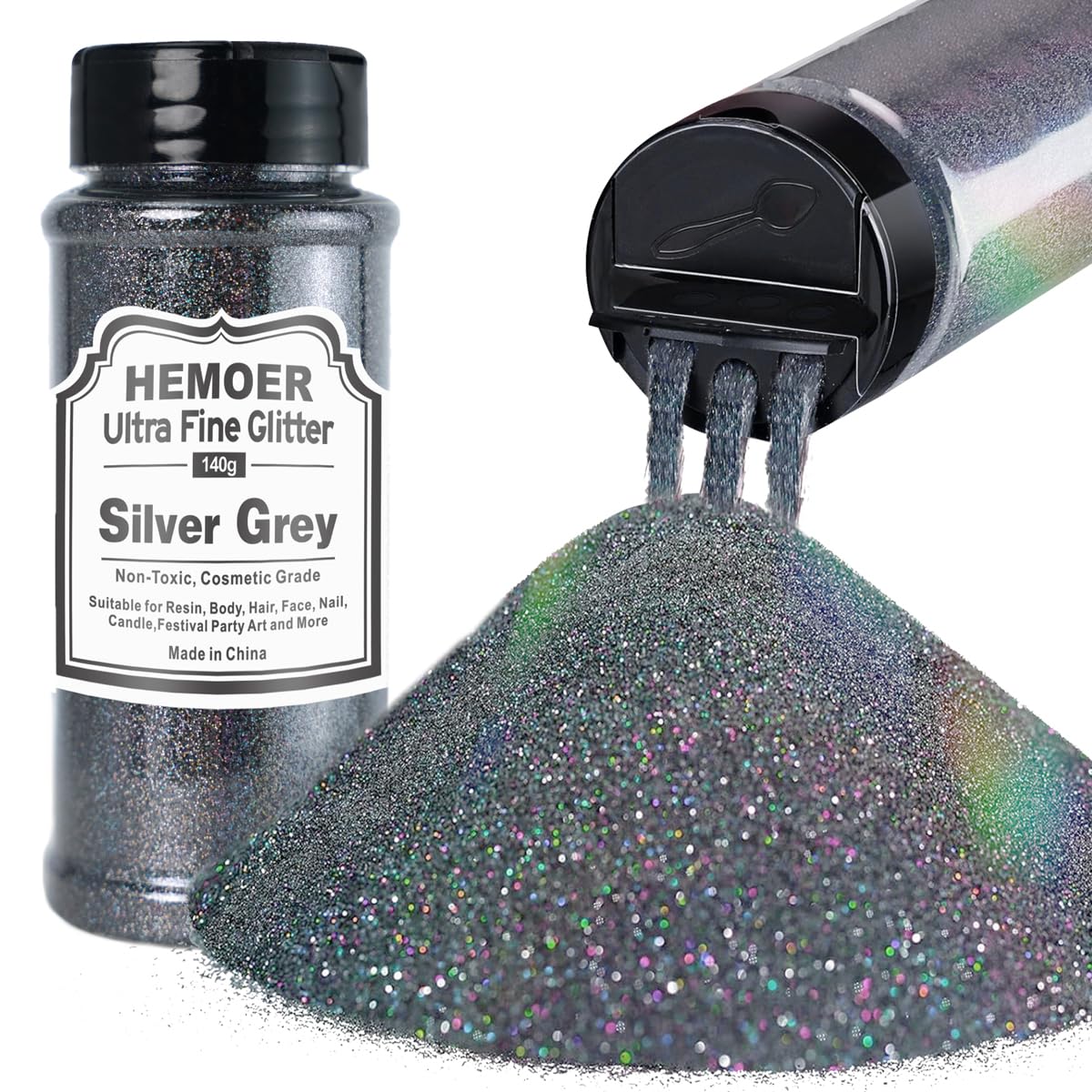 HEMOER Grigio argento Fine Glitter,140g Metallica Glitter per Decorazioni Artigianato, Resina, Epossidica Bicchieri, Candele, Glitter per Arti Pittoriche,Capelli Viso Corpo Occhi Nail Art Festival