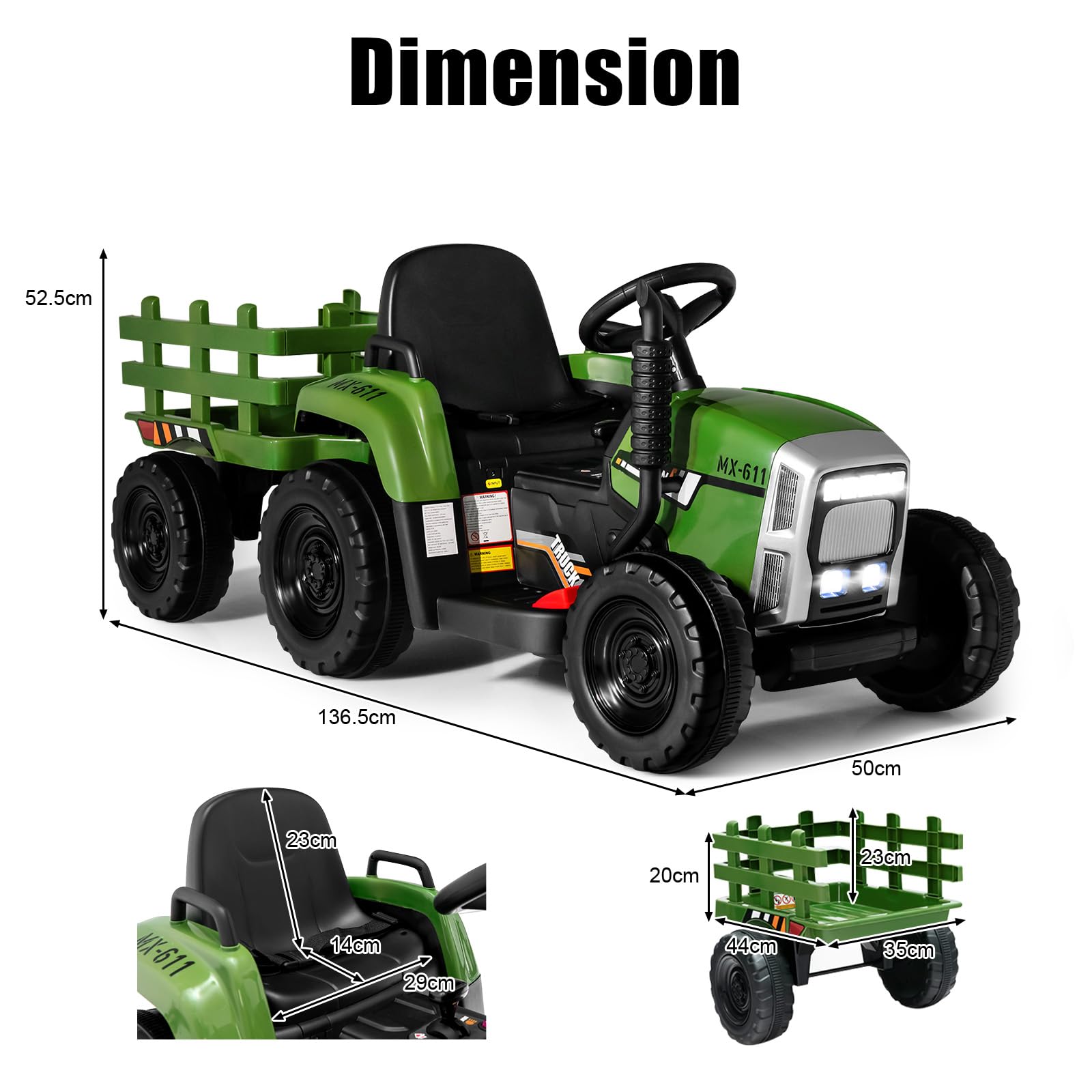 SOARS Spielzeugtraktor, Akku, 12 V, mit Fernbedienung, 2,4 G, 3 Geschwindigkeiten, Traktor mit elektrischem Anhänger mit Hupe/MP3/Bluetooth/USB/LED, Elektrotraktor für Kinder ab 3 Jahren