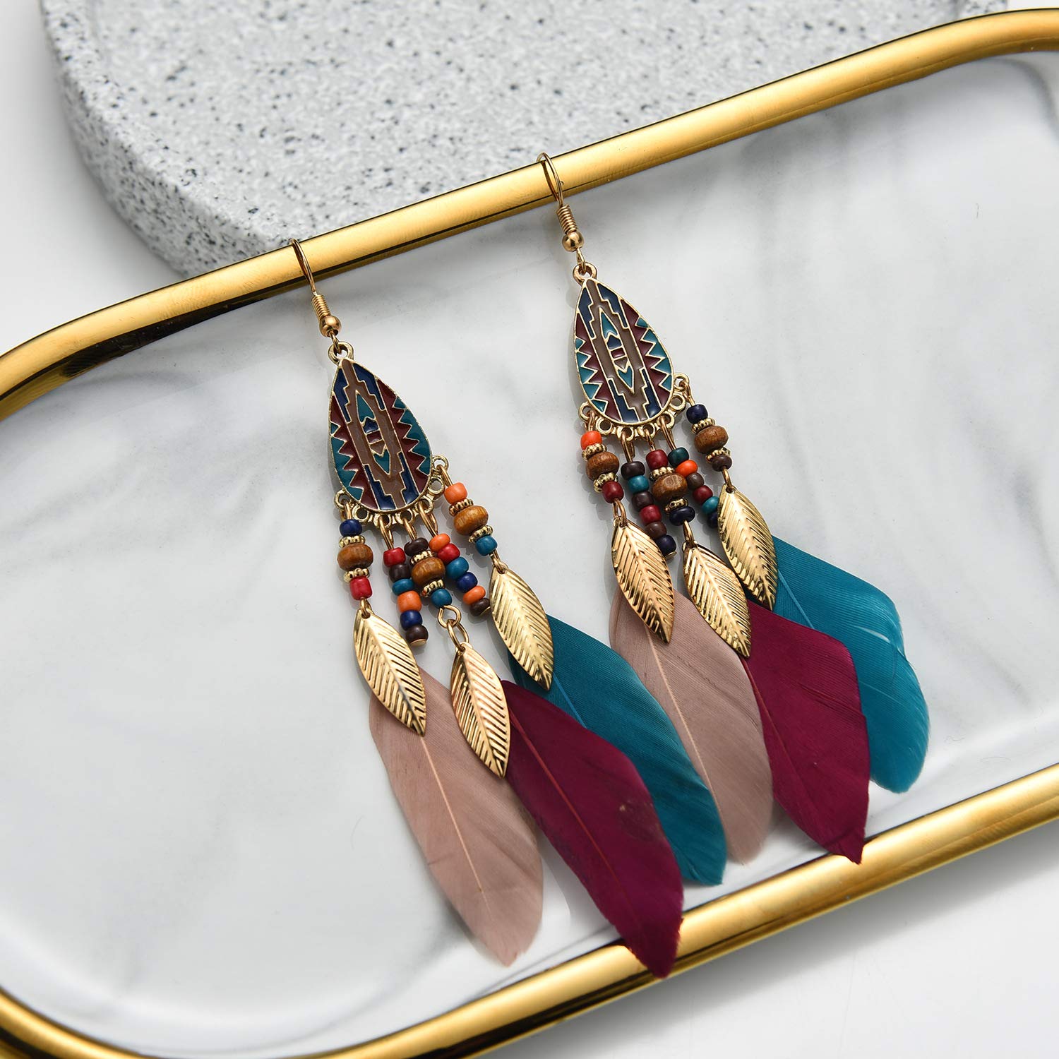 Orecchini A Goccia Con Frange E Piume Colorate – Stile Bohémien Etnico, Regalo Per San Valentino