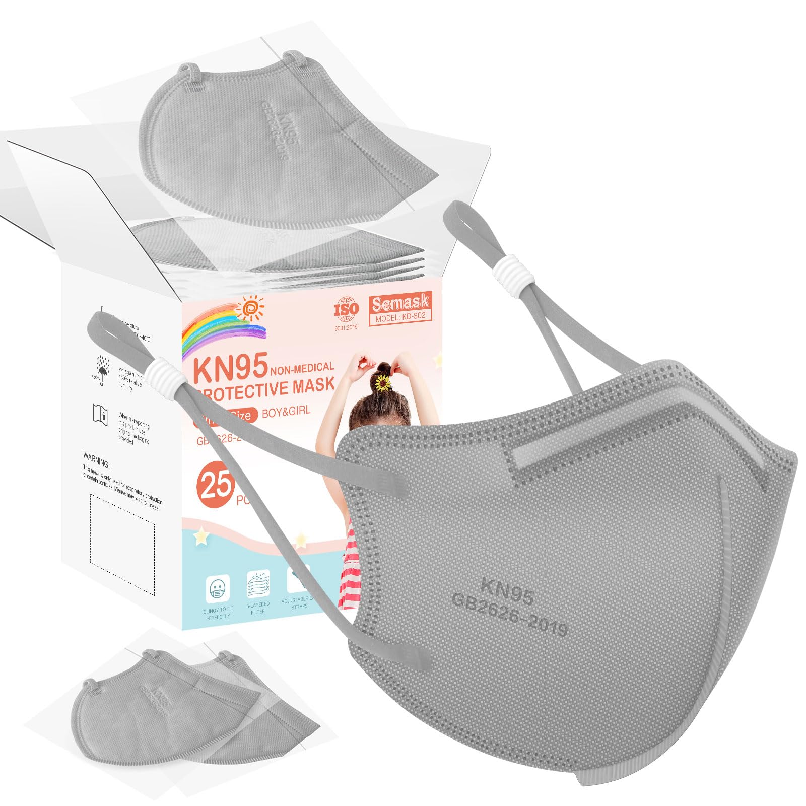 Semask Kids KN95 Adjustable Masks 25 Pack, Individually Wrapped Disposable Masks with Adjustable Ear Loops