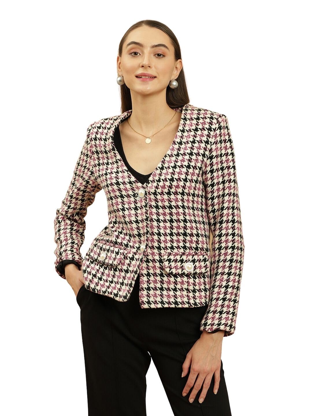 Front Open Regular Checkered Womens Blazers-image-41