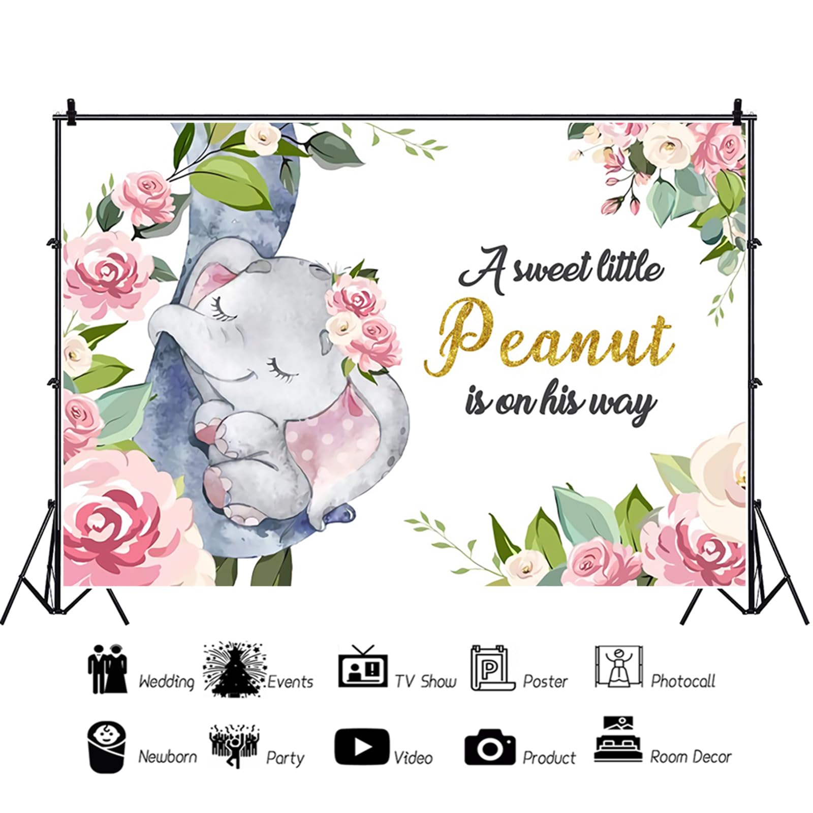 Telón de Fondo de Baby Shower para Niña 3,6x3m, Lindo Elefante Flores Rosa Fondo de fotografía de Vinilo para bebé Fiesta de cumpleaños recién Nacido decoración de Mesa de Pastel