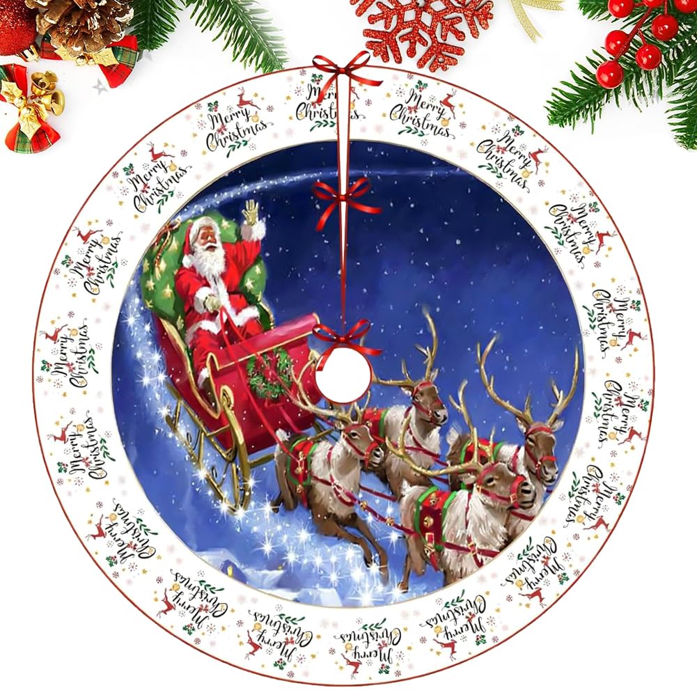 Christmas Tree Skirt, Christmas Skirt with Santa Claus and Reindeer, Tree Skirts Mat Xmas, Thick Knitted Double Sided Skirt for Indoor Holiday Party Xmas Decoration - 90 cm