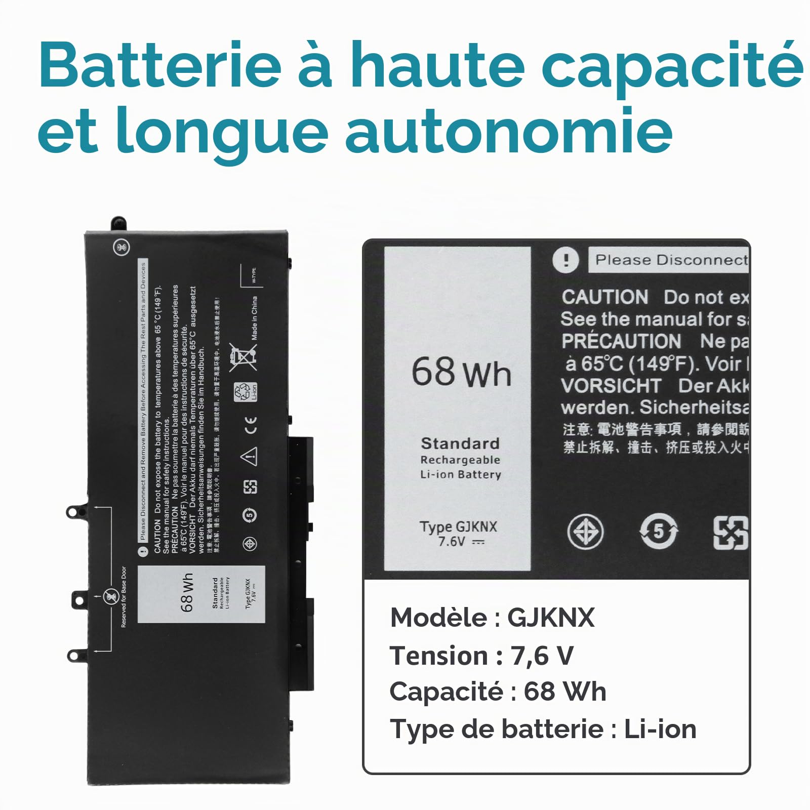 68Wh GJKNX Batterie pour Dell Latitude 5280 5288 5290 5480 5488 5490 5491 | 5495 5580 5590 5591 Precision 3520 3530 Mobile Workstation GD1JP DY9NT 5YHR4 FPT1C KCM82 MT31P DV9NT 451-BBZG P60F P72G P27S