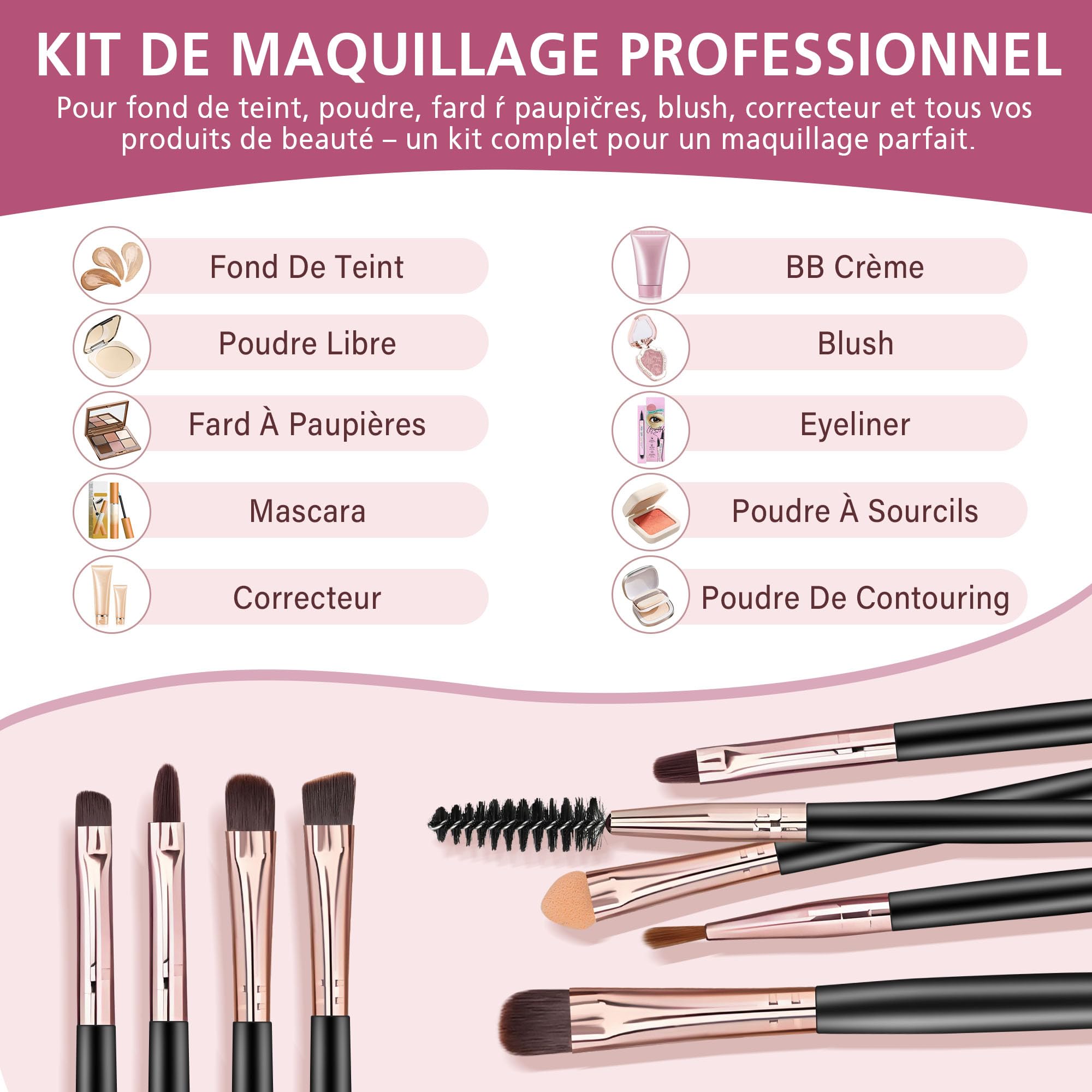20 Pièces Pinceaux Maquillages, Pinceau de Maquillage Professionnels pour Fond de Teint, teint et fard à paupières, Kit Pinceaux Maquillage, Idéal pour Débutants et Professionnels