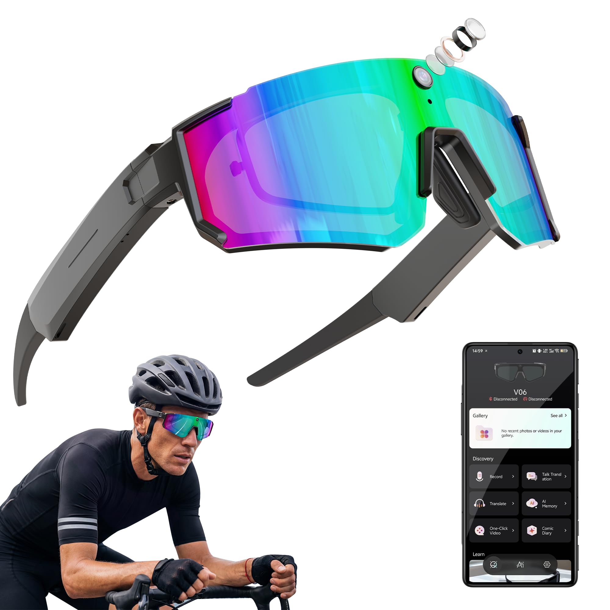 Photo 1 of Sport AI Smart Glasses with Camera and EIS Stabilization, Bluetooth 8MP HD Camera 1200P Video Recording, AI Voice Assistant Photo Recognition, Real-Time Translation, Polarized Lenses Sunglasses