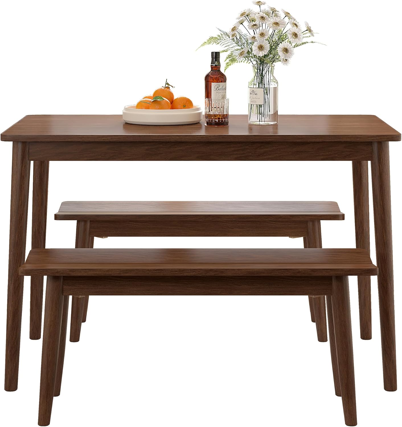 Origeture Dining Table Set for 4, Rubber Wood Kitchen Table and Benches for 4, 3