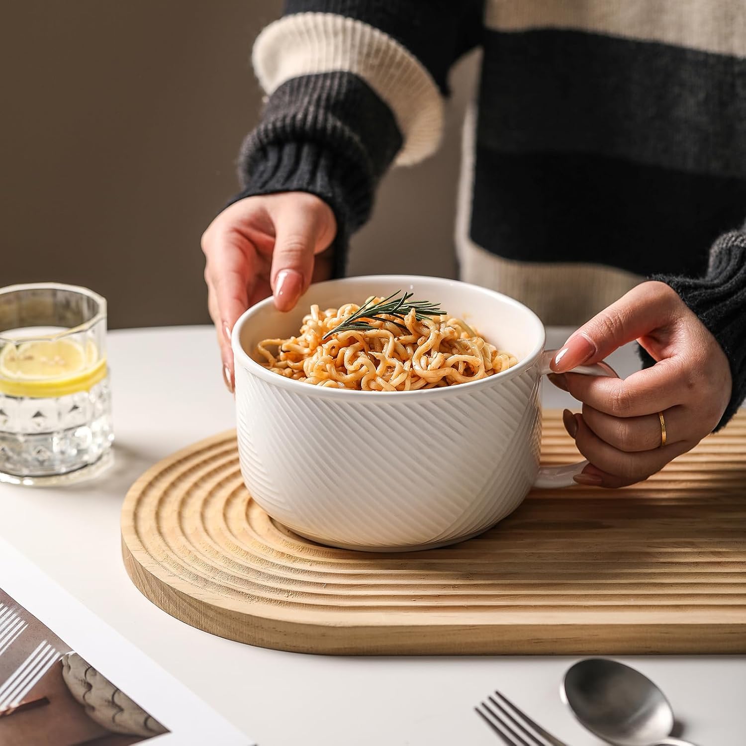 Ceramic Soup Bowl with Handle, 38 oz Microwave Safe, White