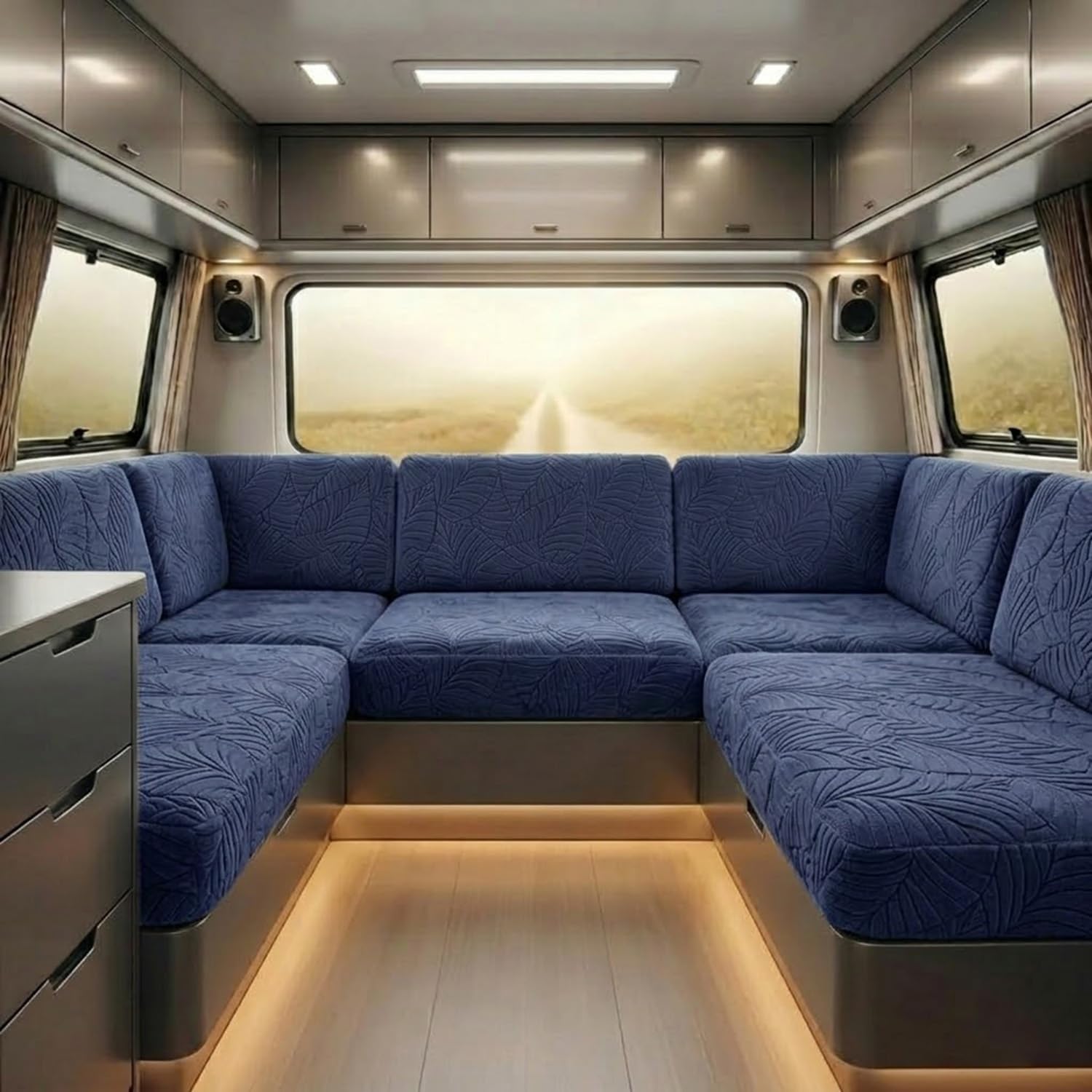 Stretch Caravan Cushion Covers Water Resistant, Jacquard Leaf Campervan Seat Slipcover with Straps, Motorhome Couch Protector(S1,W 160-190cm*D 85-110cm)