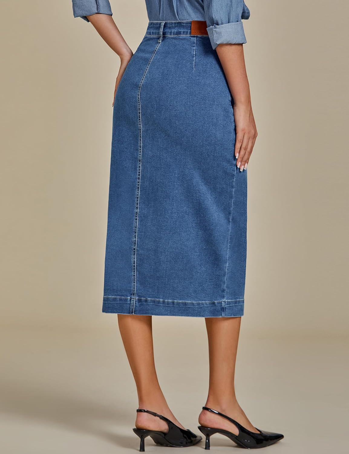 luvamia Jean Skirts for Women Denim Trendy Casual Stretchy High Waisted Midi Front Pockets Below Knee Skirt with Slit - Image 7
