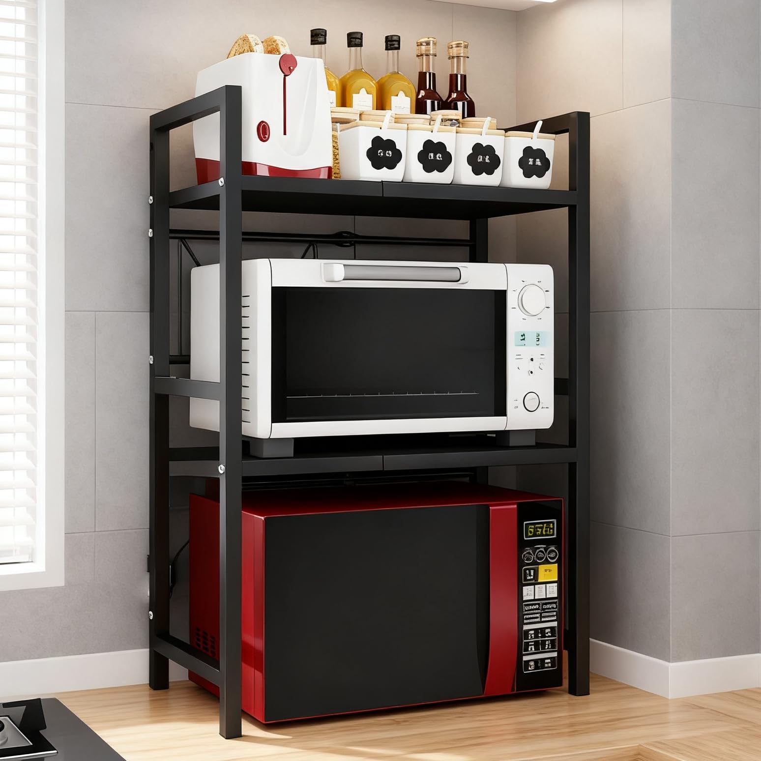 3-Stufig ausziehbares Mikrowellen Regal, Carbonstahl Küchenregal für Arbeitsplatte mit 6 Haken, platzsparendes Organizer für die Arbeitsplatte, ideal für Mikrowelle & Ofen(Schwarz)