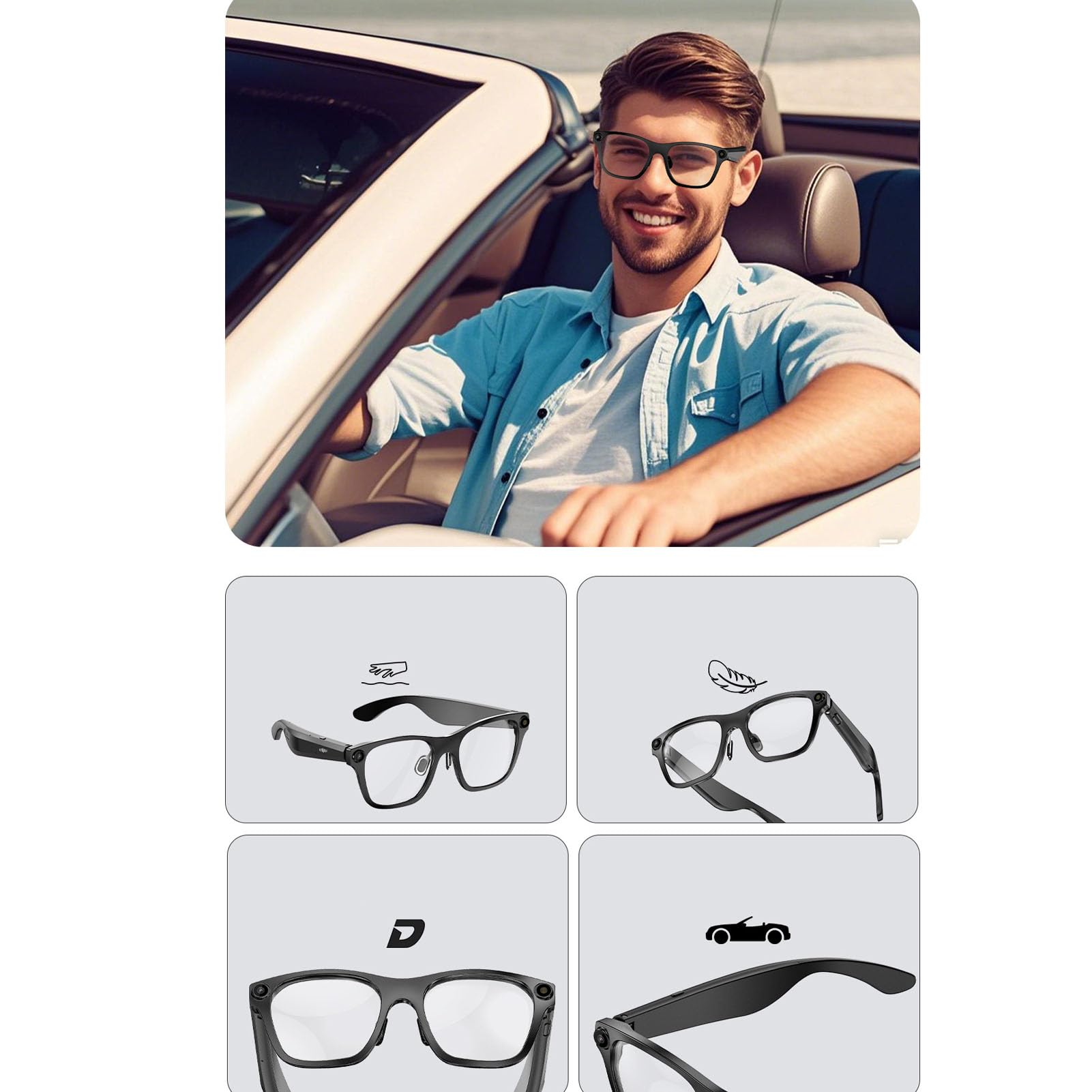 Sxhlseller AI Translation Lunettes Intelligentes avec Caméra et Bluetooth WiFi pour Hommes et Femmes, 20MP 1080p HD Lunettes D'enregistrement Vidéo Portables, Assistant Vocal, Léger pour