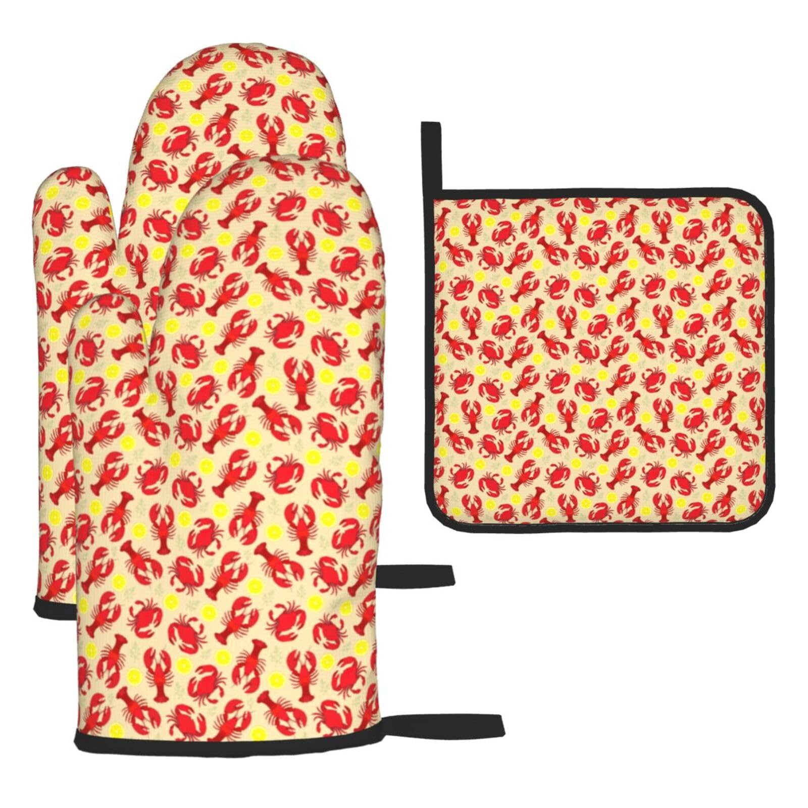 Lobster And Crab Print Oven Mitts Kitchen Gloves Set Everyday Baking Grilling Microwaving Cooking Gift