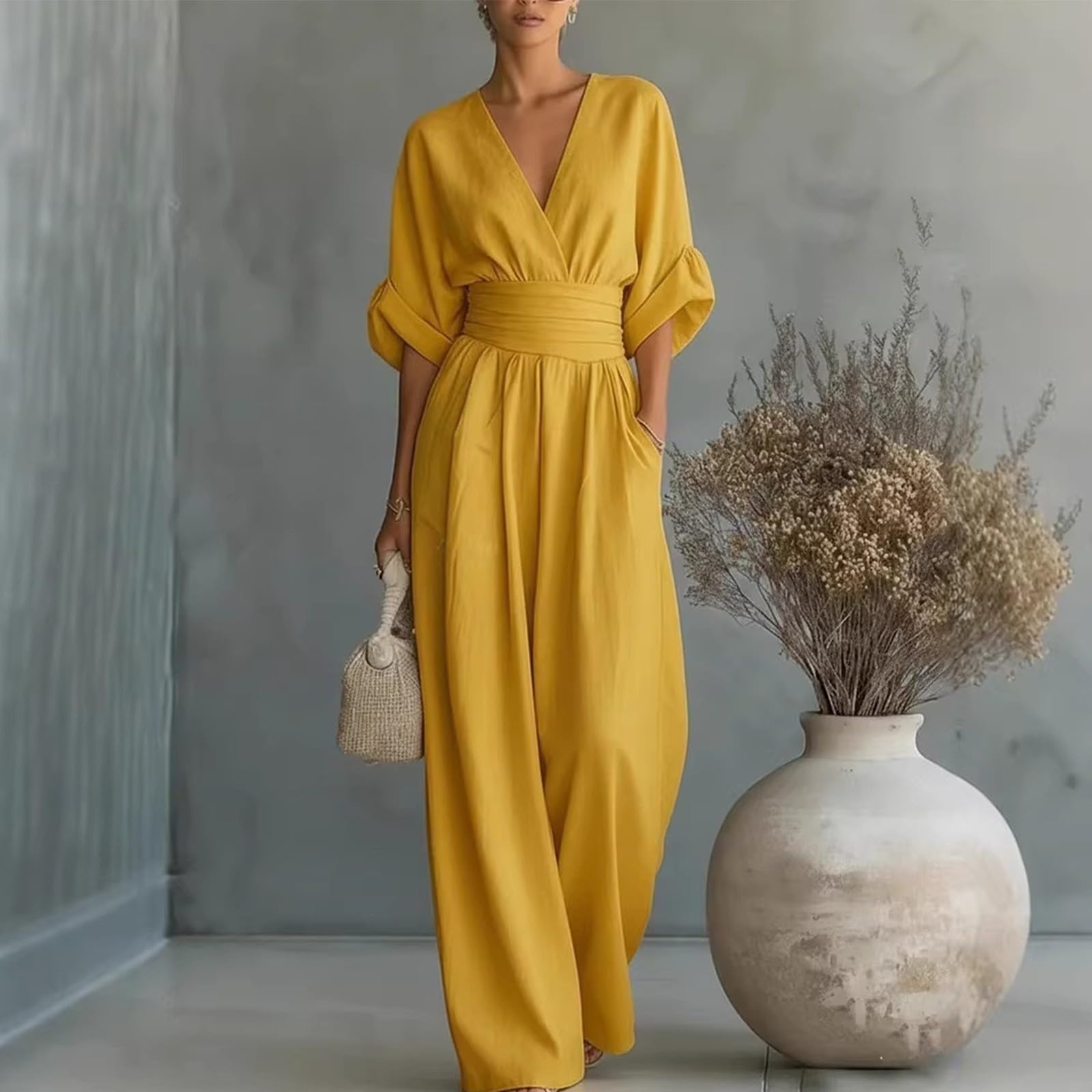 Generisch Tuta da donna elegante con maniche e scollo a V | Tuta con pantaloni, gamba larga, tutina lunga con tasca, vita alta, monopezzo, comoda mussola