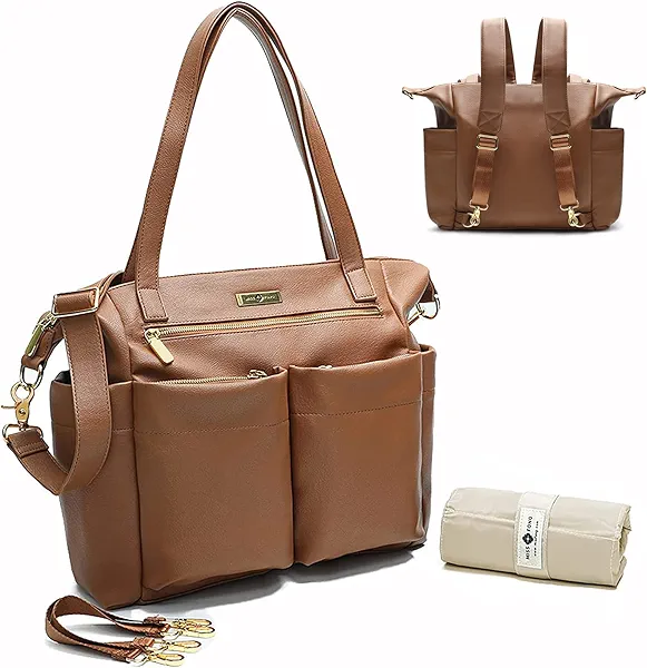 miss fong Diaper Bag Tote Leather Diaper Bag Backpack Large Tote Bag,Baby Diaper Bag for Women with 11 Pockets,Changing Pad, Stroller Straps,4 Insulated Pockets