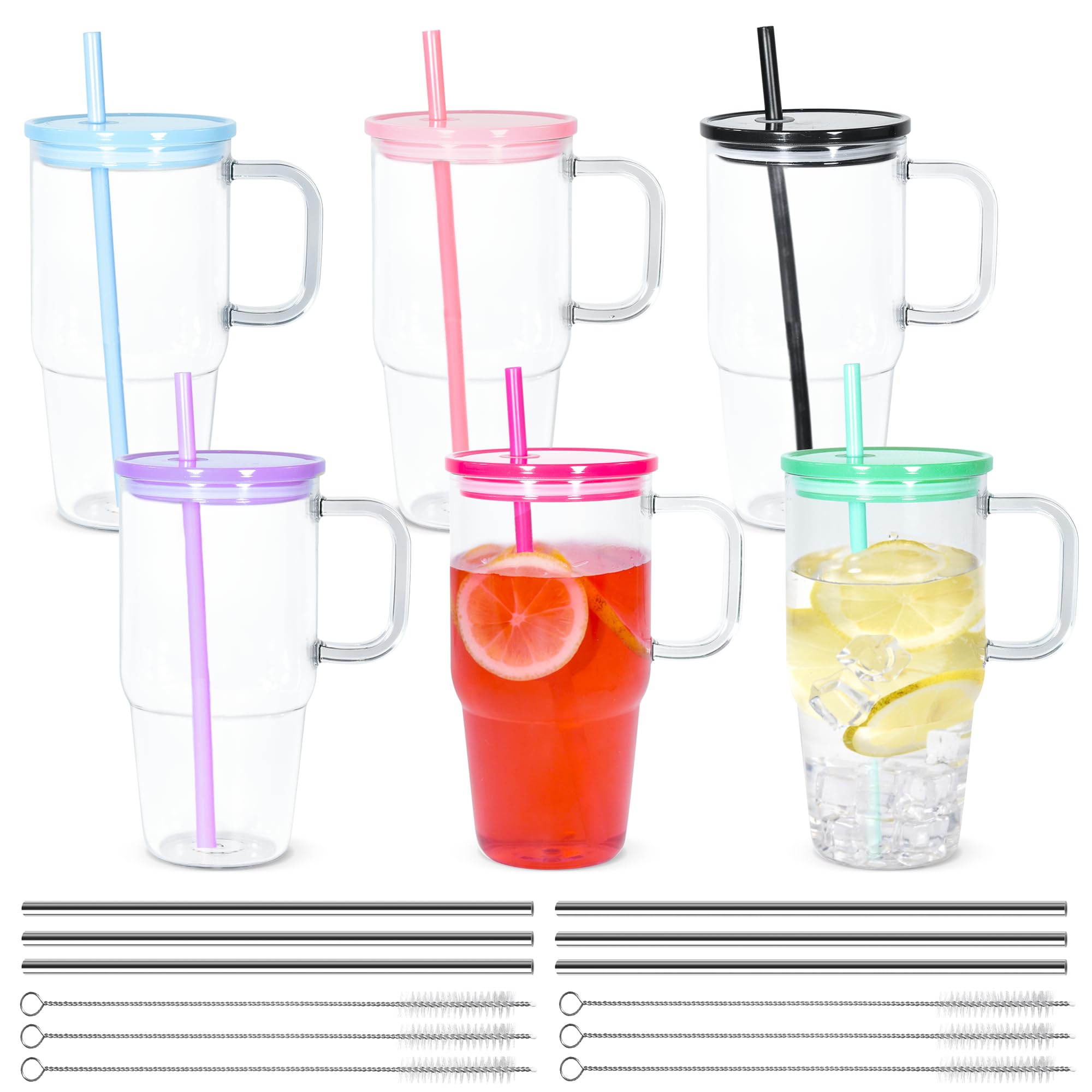 6 vasos acrílicos de 20 onzas con asa, vasos de plástico con tapas y pajita