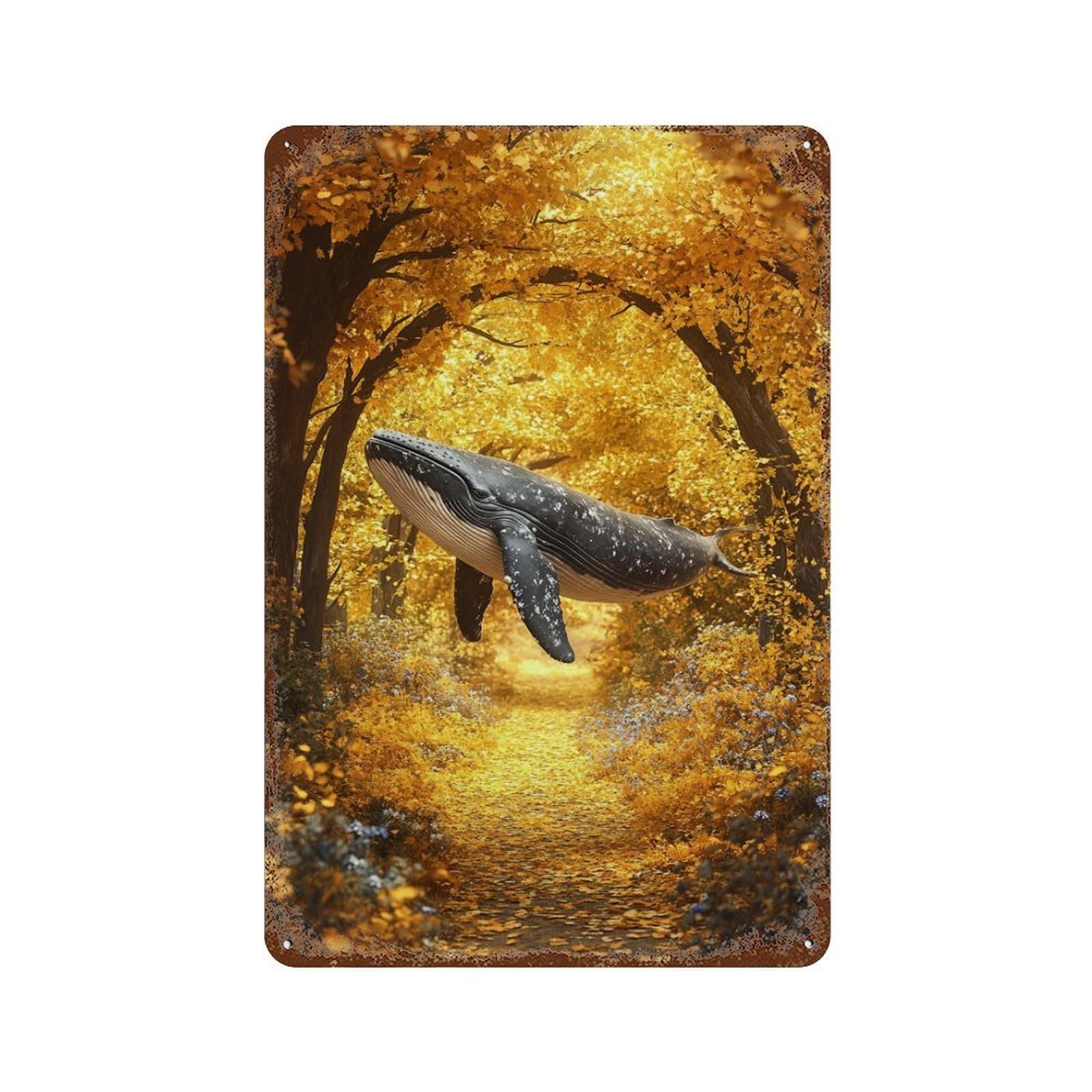 Whale in Autumn Forest Pathway-1 11.8"x7.9" Rustic Tin Plaque, Retro Wall Decor for Garage, Bar And Workshop Decor