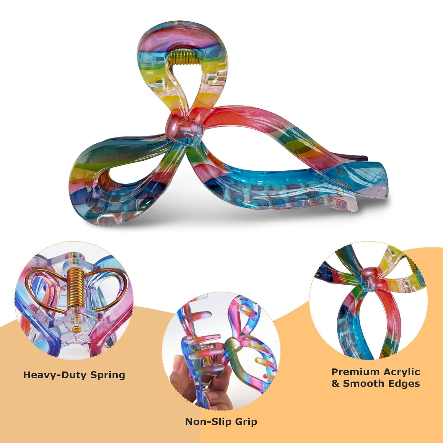 Rainbow Hair Claws 3-Pack, Large Hair Claw Clips for Women, 4.3-5 Inch Aesthetic Clear Claw Clips for Thick Hair, Strong Hold Non-Slip Bow Triangle Banana Clip Set, Jelly Hair Accessories - Image 4